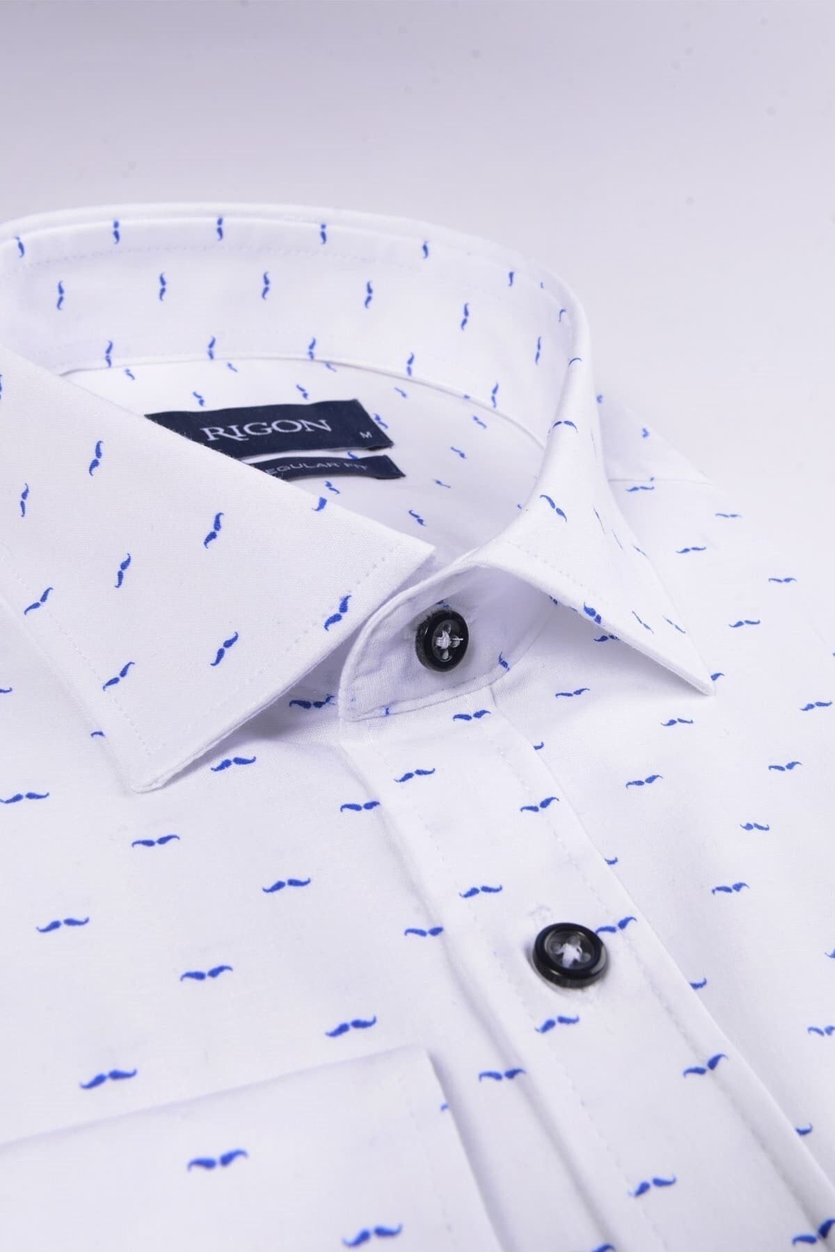 Lacivert Baskılı Beyaz Slim Fit Gömlek