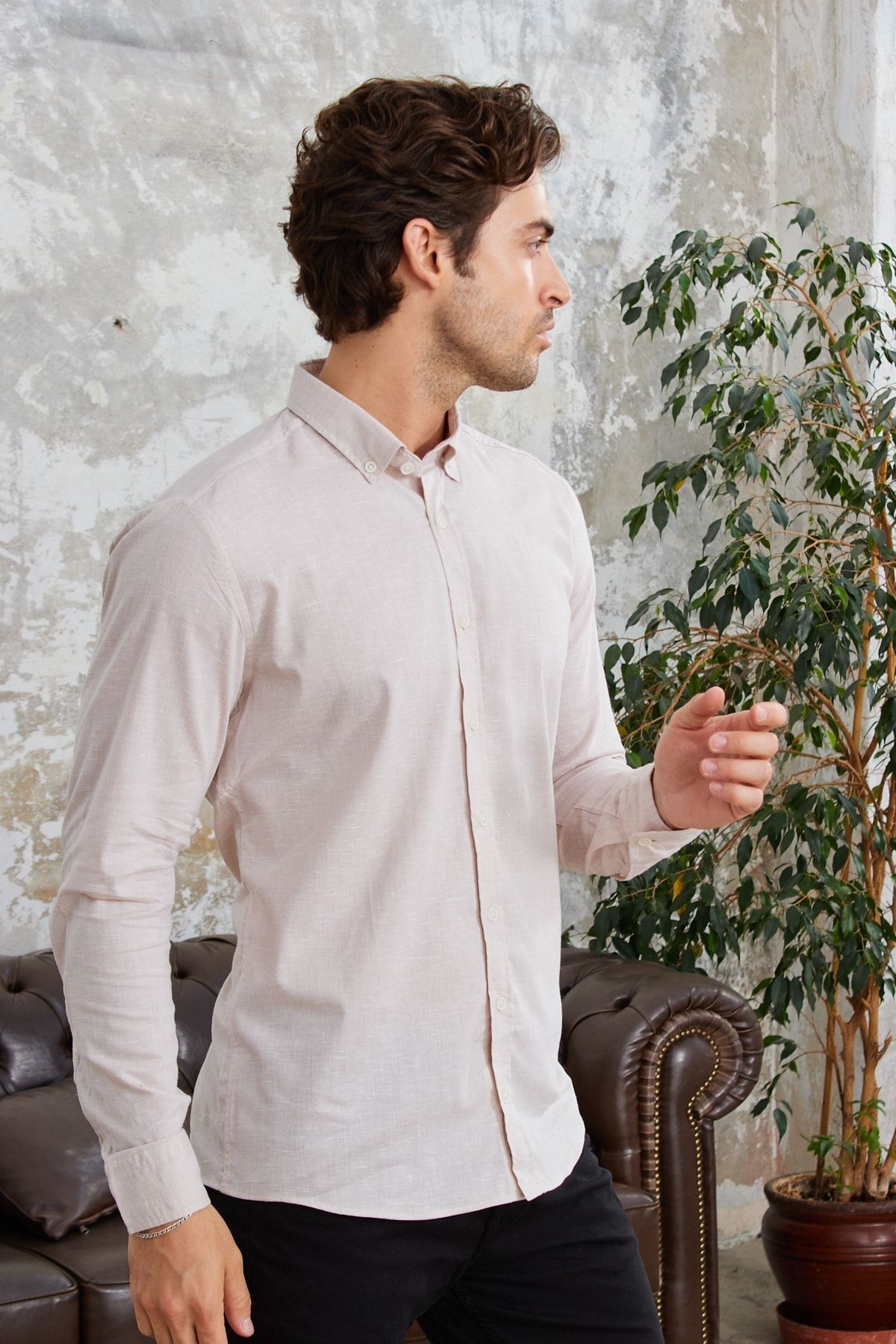 Erkek Bej Pamuklu Dar Kesim Kolay Ütü Slim Fit Gömlek