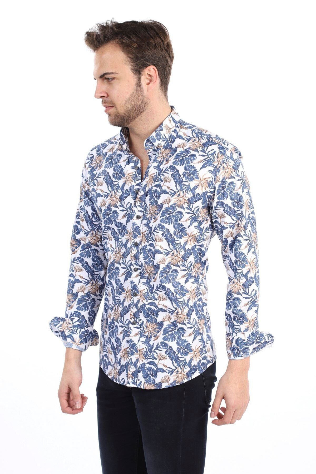 Baskılı Beyaz Slim Fit Likralı Gömlek