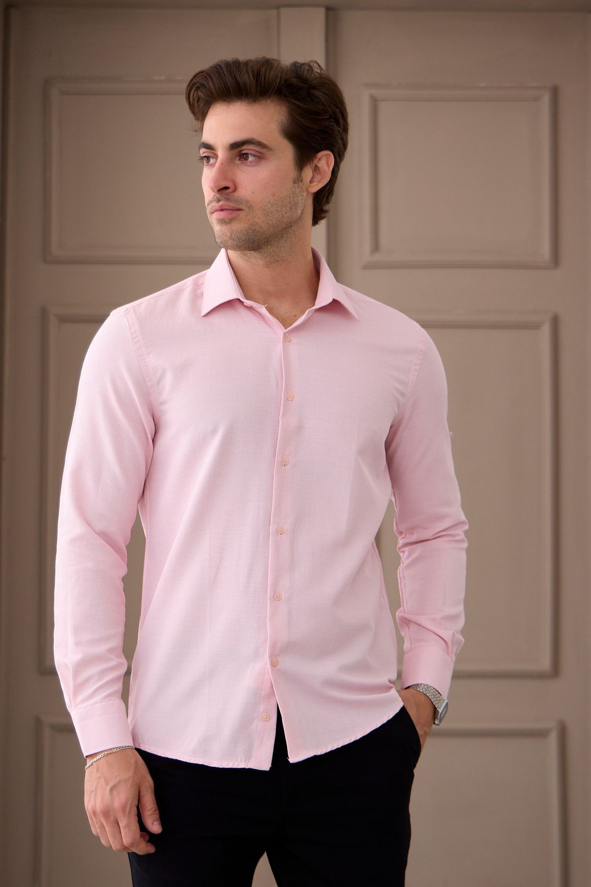 Erkek Pembe Uzun Kol Slim Fit Dar Kesim Klasik Yaka Desenli Pamuklu Gömlek