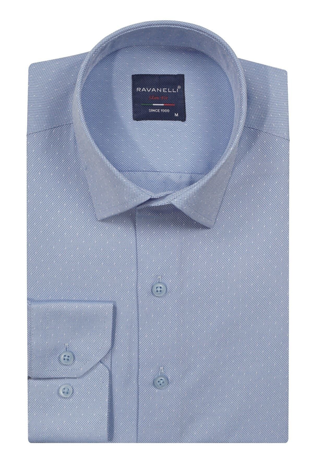 Erkek Mavi Slim Fit Armürlü Gömlek