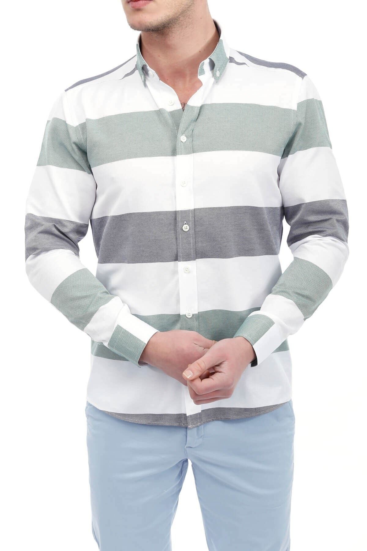 Yeşil Beyaz Panolo Slim Fit Gömlek