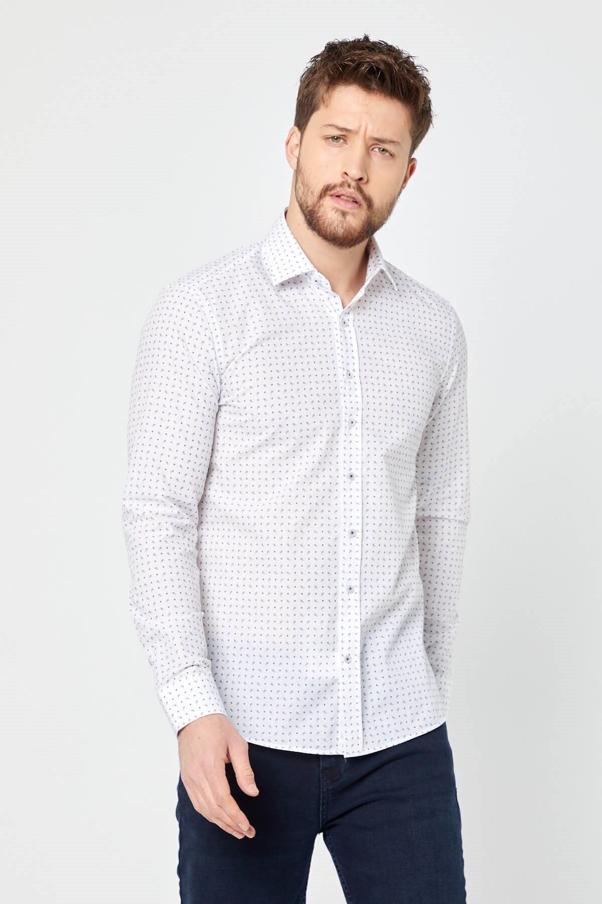 Baskılı Beyaz Slim Fit Uzun Kol Gömlek