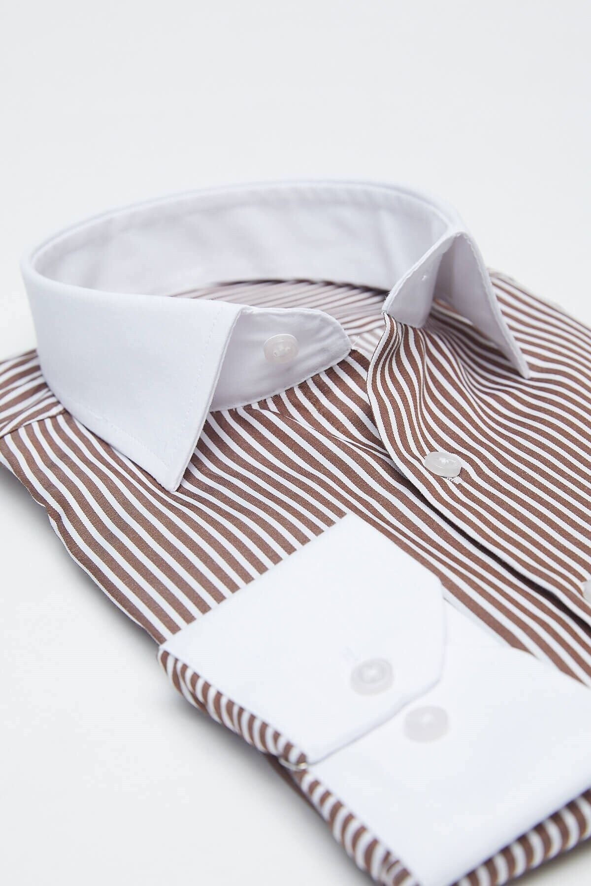 Beyaz Yakalı Kahve Beyaz Çizgili Slim Fit Uzun Kol Gömlek