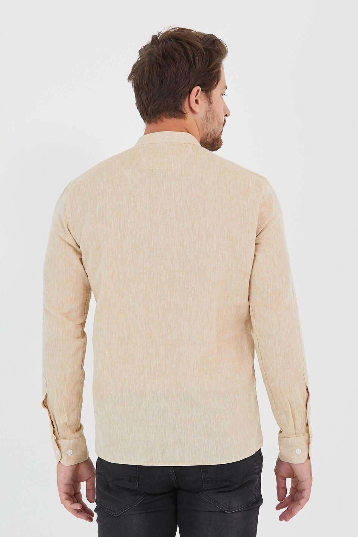 Keten Hakim Yaka Yarım Pat Bej Slim Fit Uzun Kol Gömlek