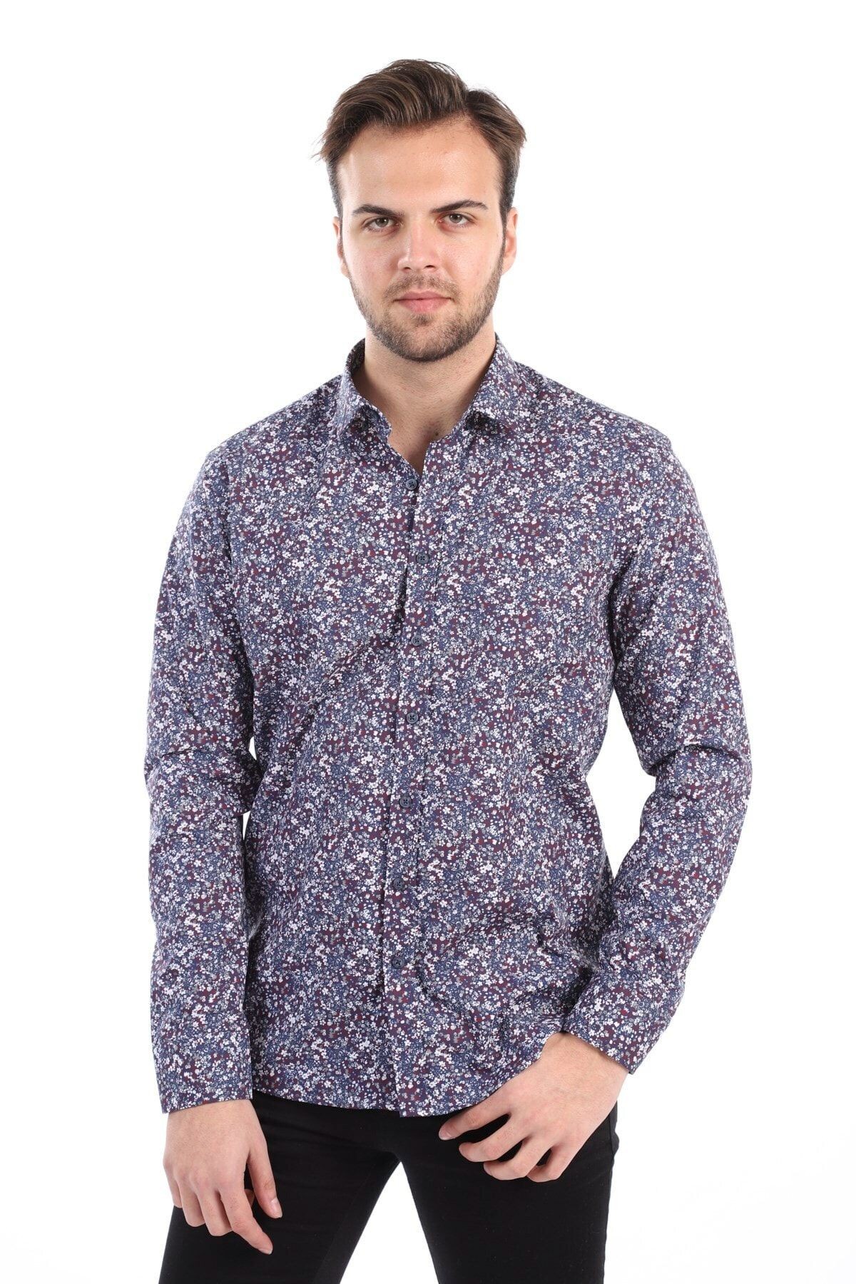 Baskılı Lacivert Slim Fit Gömlek