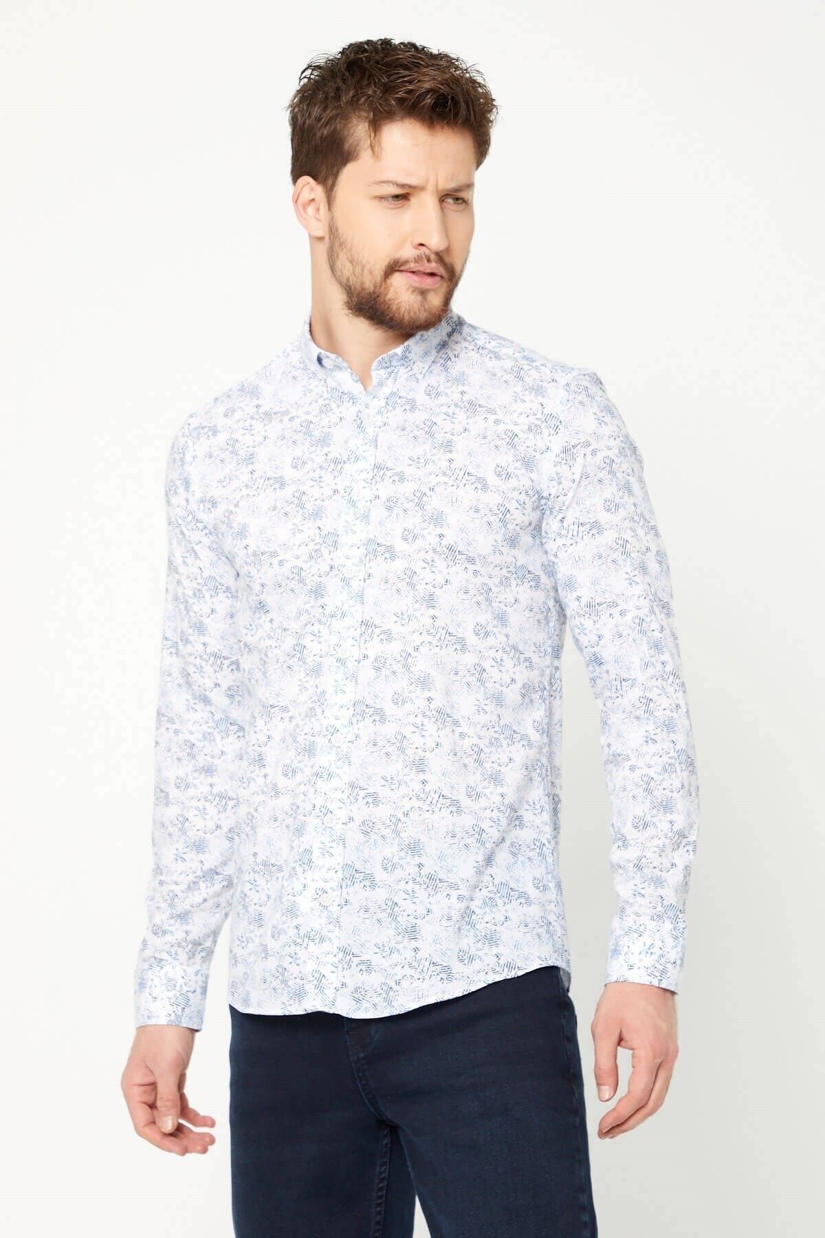 Pamuk Keten Baskılı Beyaz Slim Fit Uzun Kol Gömlek