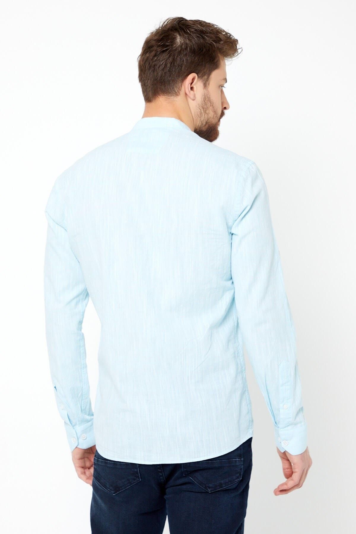Keten Hakim Yaka Yarım Pat Turkuaz Slim Fit Uzun Kol Gömlek