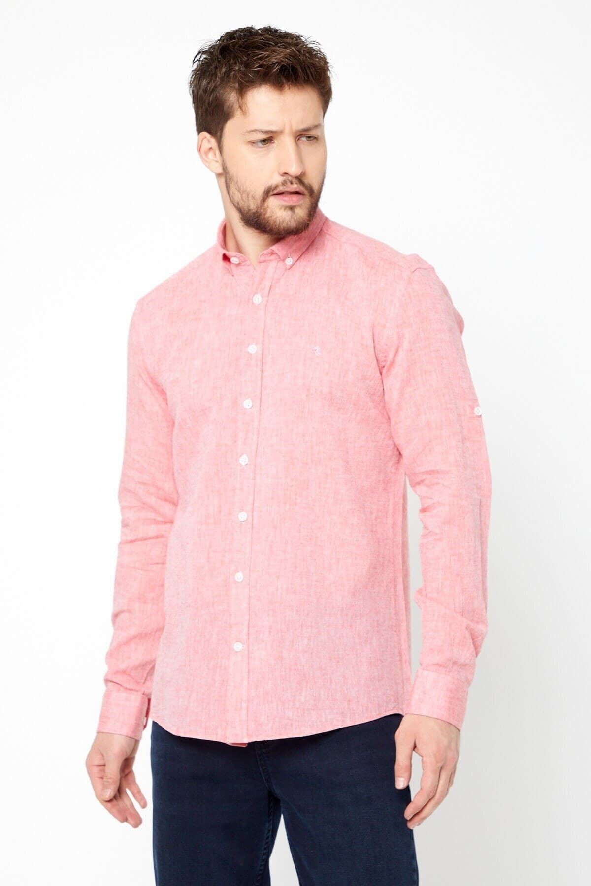 Kiremit Slim Fit Uzun Kol Keten Gömlek