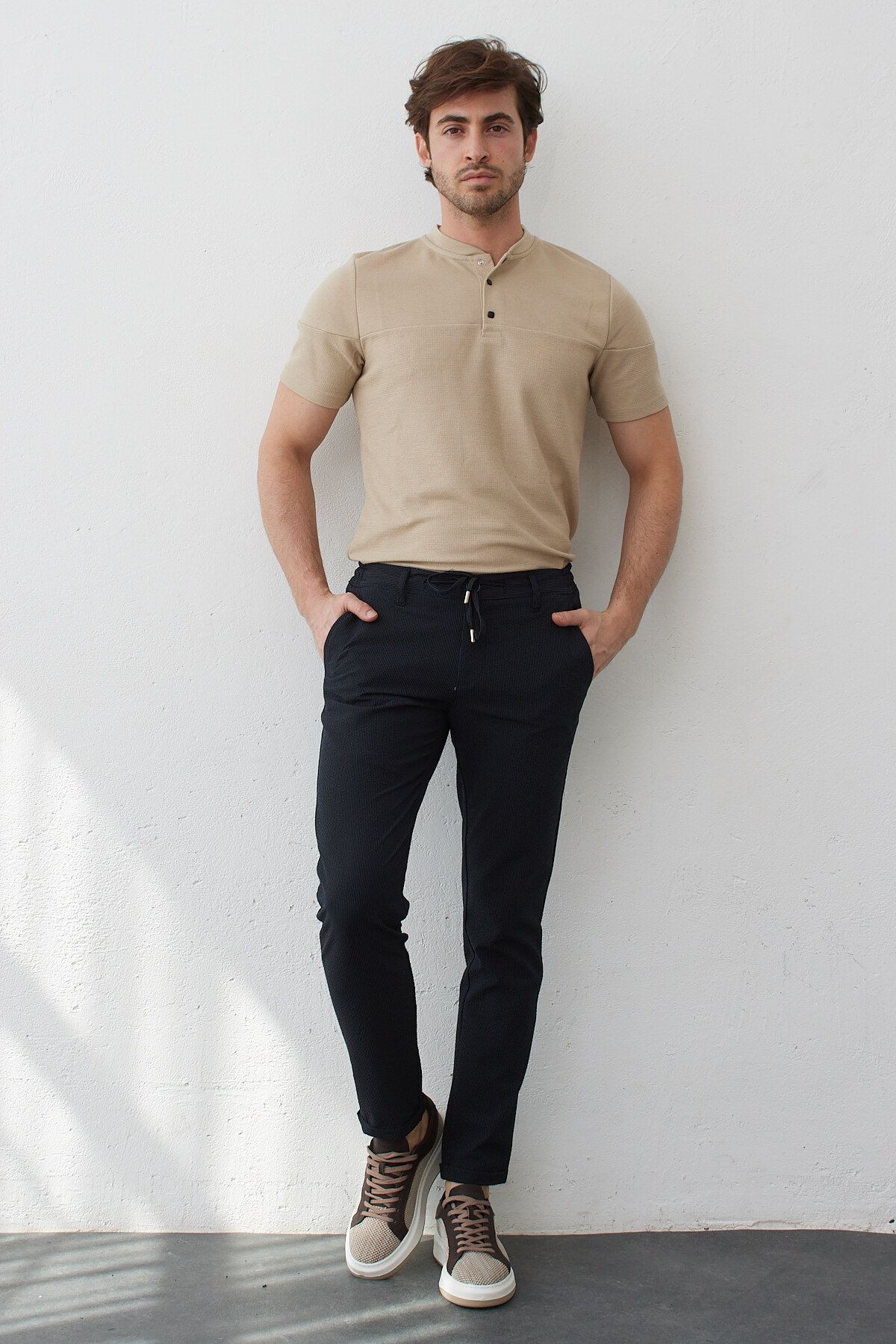 Erkek Beli Lastikli Bağcıklı Gofre Dokuma Likralı Esnek Modern Slim Fit Jogger Pantolon