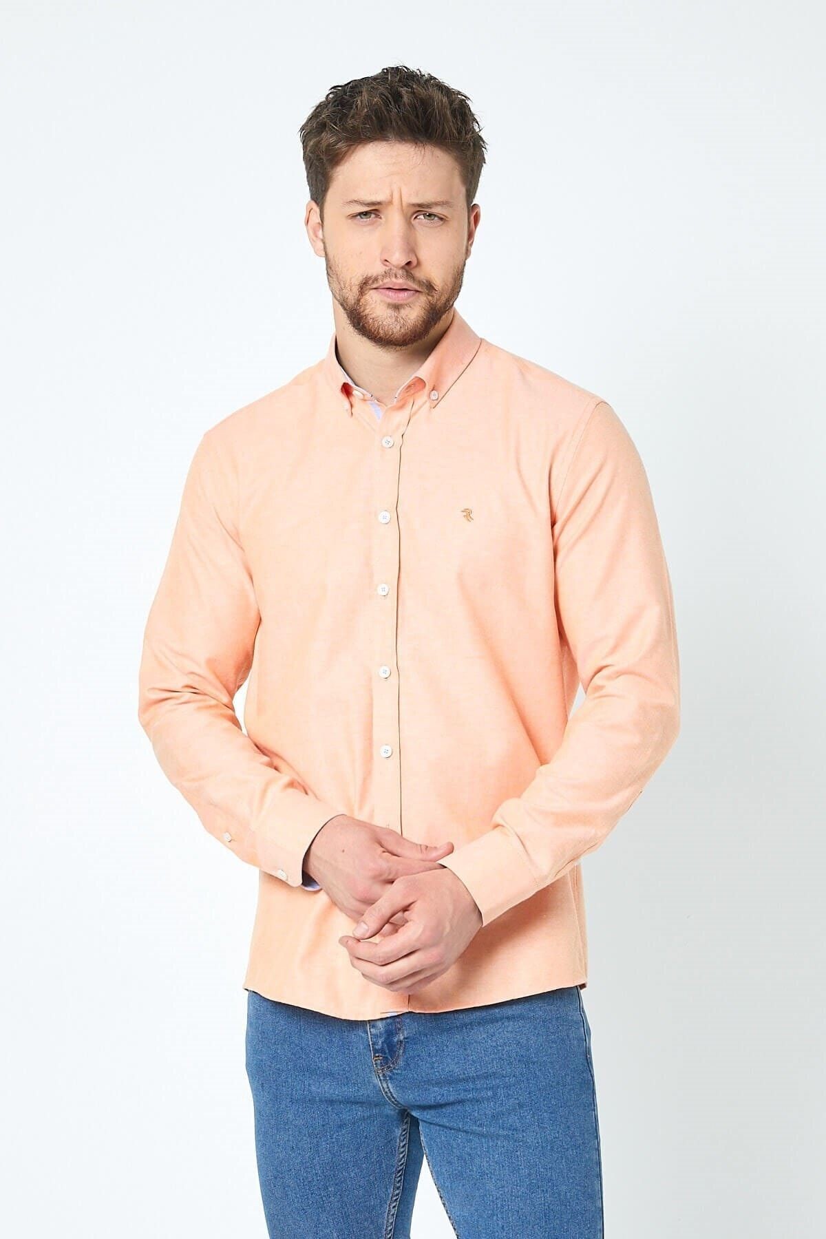 Turuncu Slim Fit Uzun Kol Gömlek