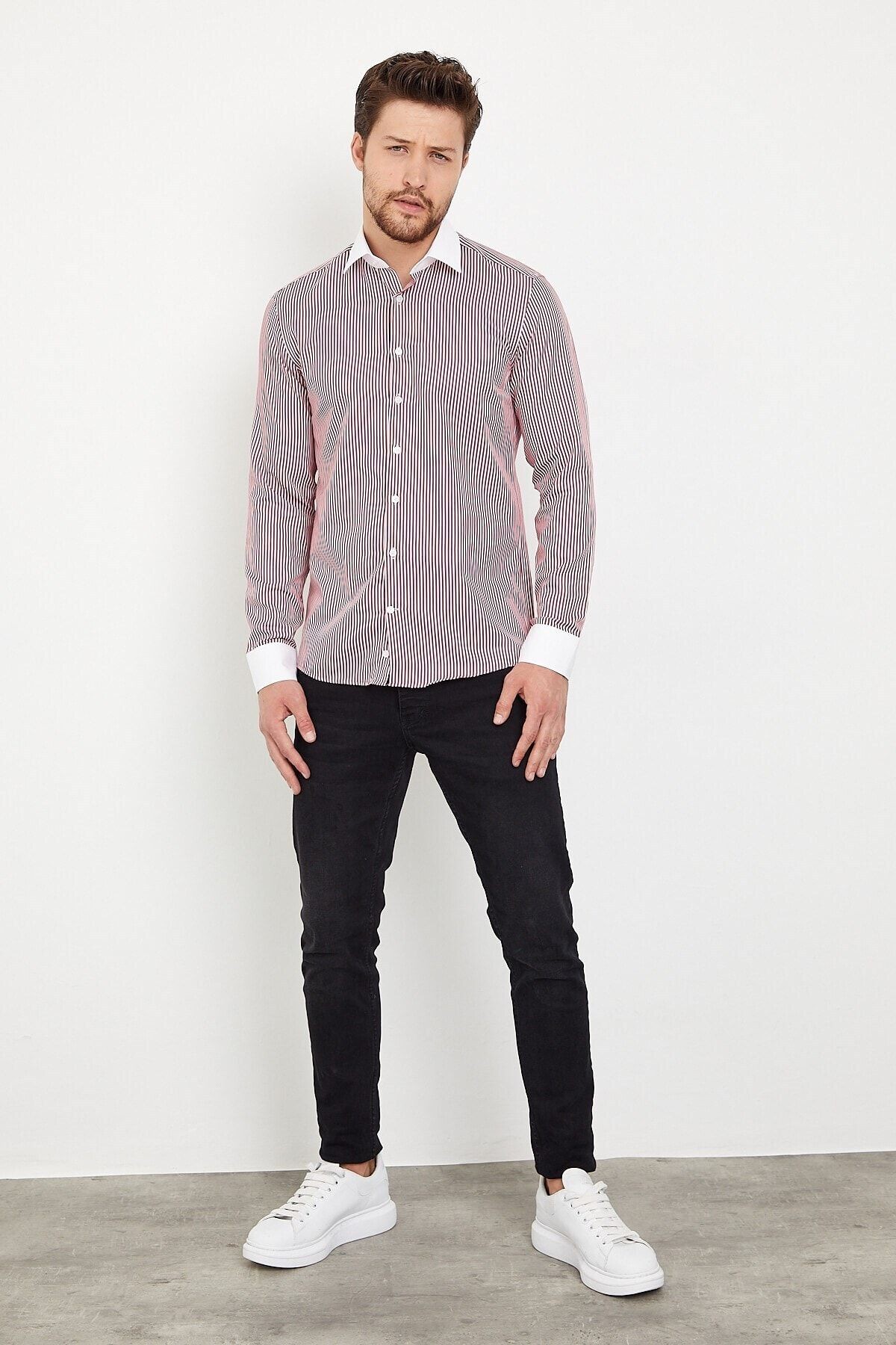 Beyaz Yakalı Bordo Beyaz Çizgili Slim Fit Uzun Kol Gömlek