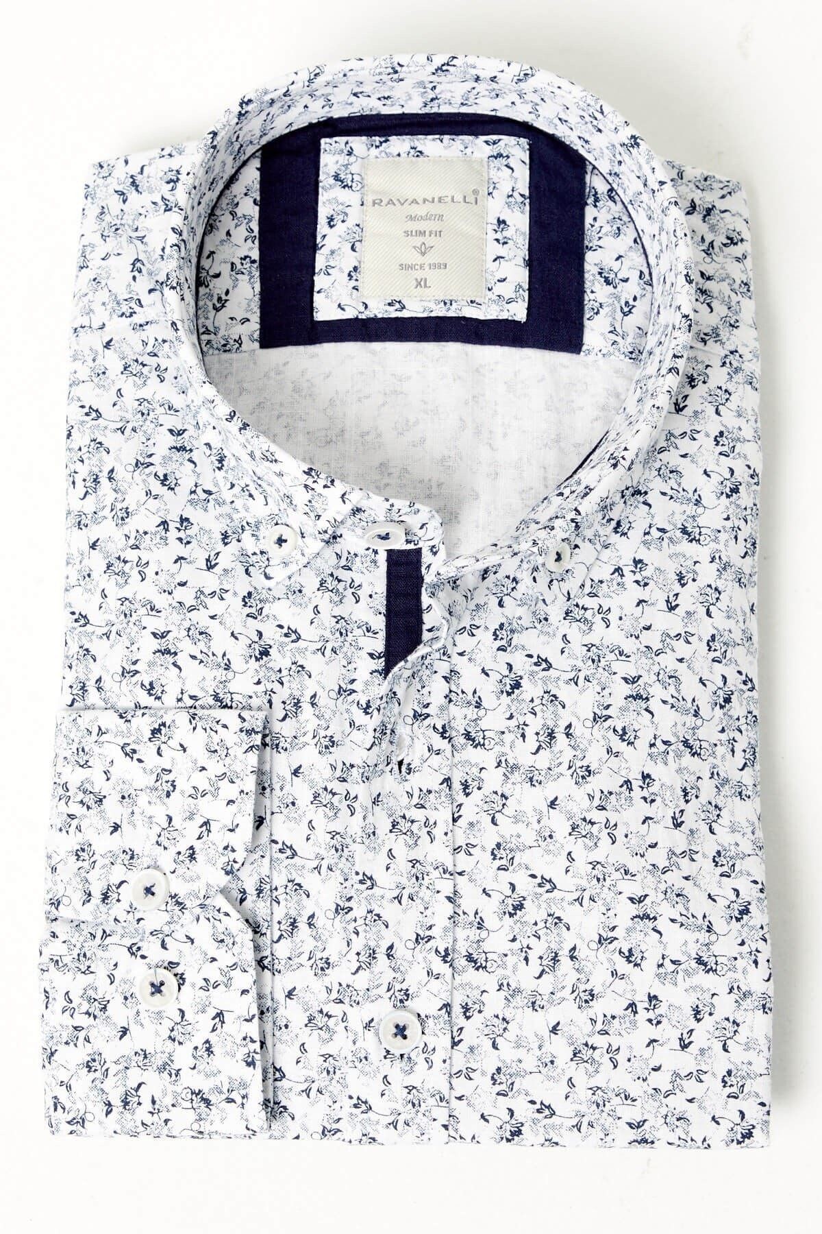 %100 Pamuk Keten Lacivert Baskılı Slim Fit Uzun Kol Keten Gömlek
