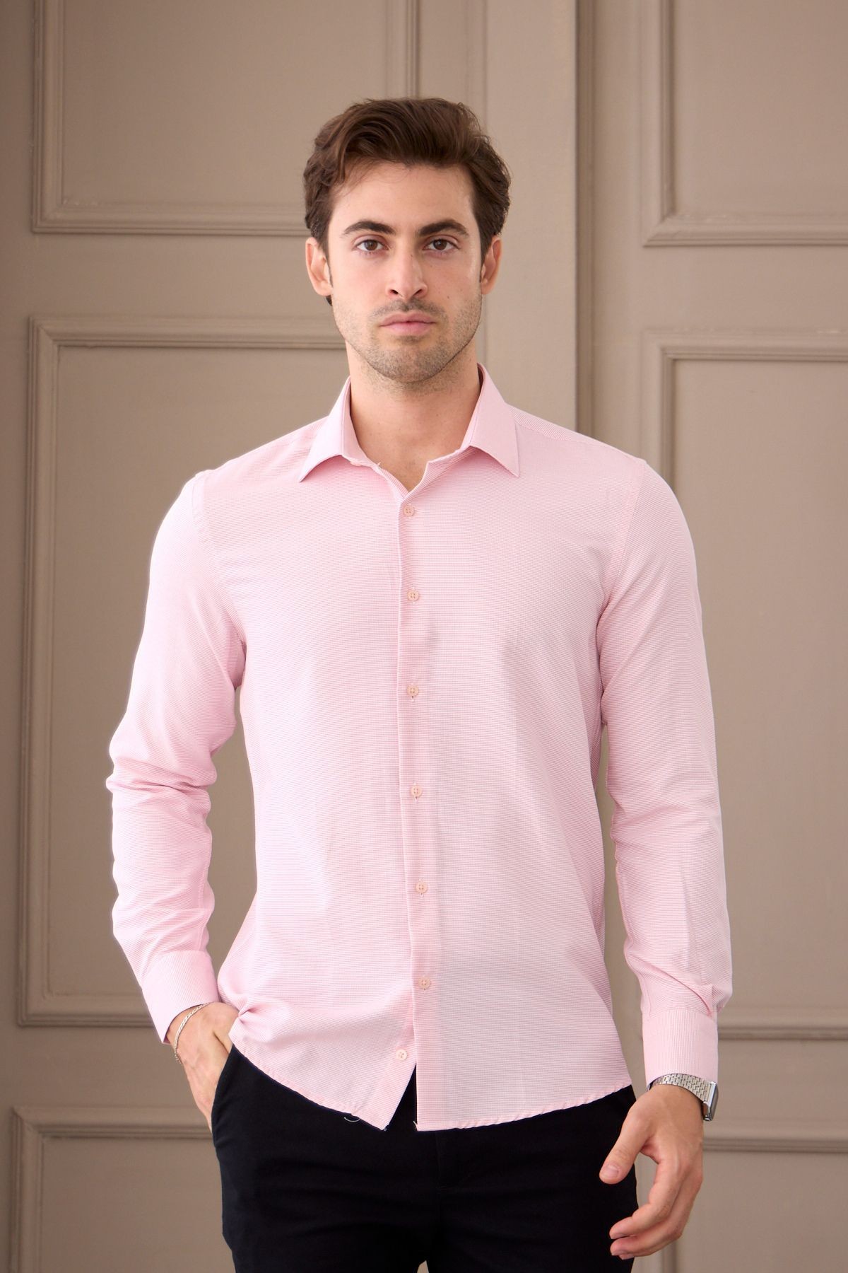 Erkek Pembe Uzun Kol Slim Fit Dar Kesim Klasik Yaka Desenli Pamuklu Gömlek