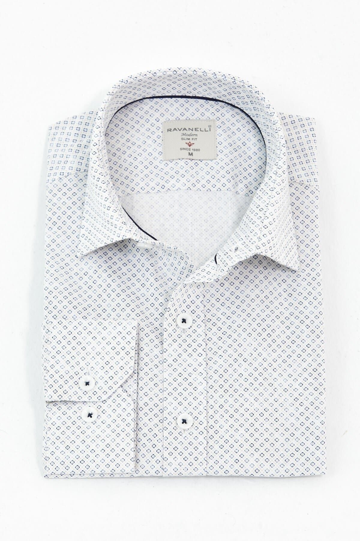 Beyaz Baskılı Slim Fit Uzun Kol Gömlek
