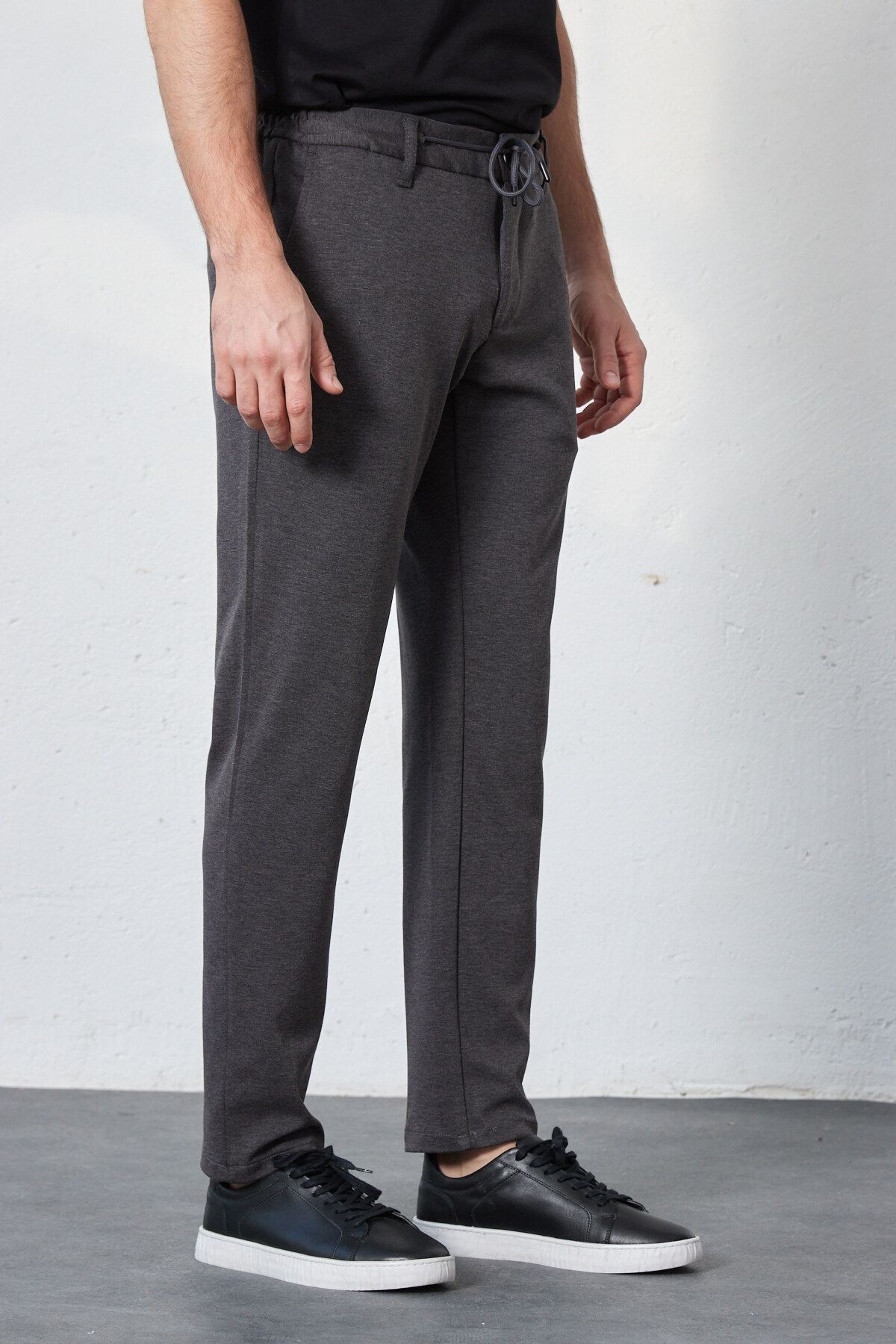 Erkek Gri Beli Lastikli Bağcıklı Örme Likralı Esnek Modern Slim Fit Jogger Pantolon