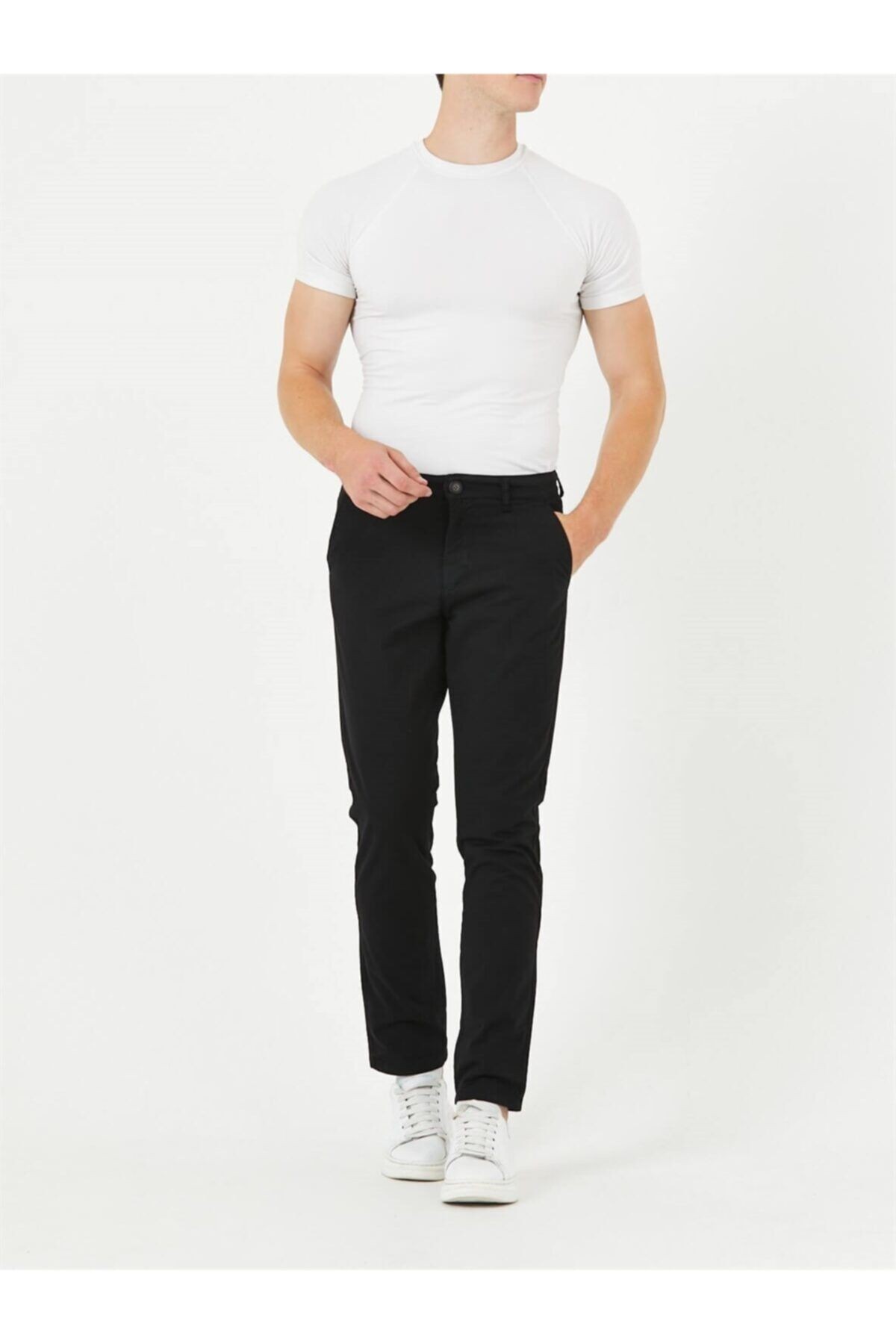 Siyah Gabardin Chıno Yan Cepli Keten Regular Fit Pantolon