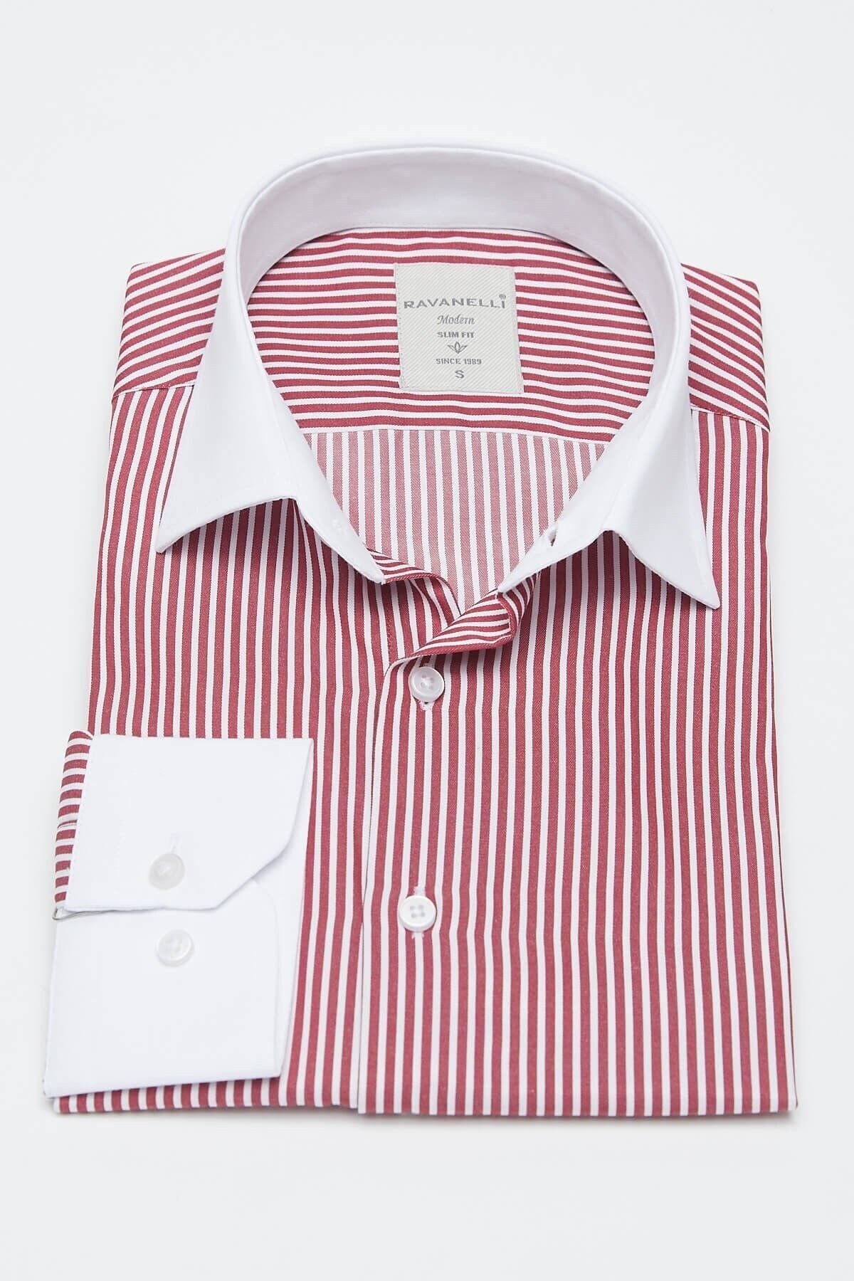 Beyaz Yakalı Bordo Beyaz Çizgili Slim Fit Uzun Kol Gömlek