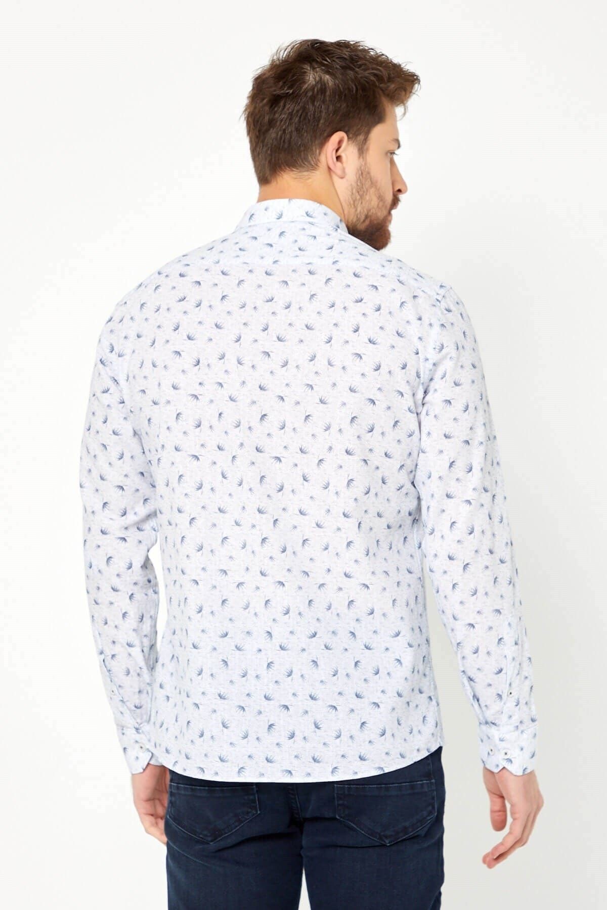 %100 Pamuk Keten Lacivert Baskılı Slim Fit Uzun Kol Keten Gömlek