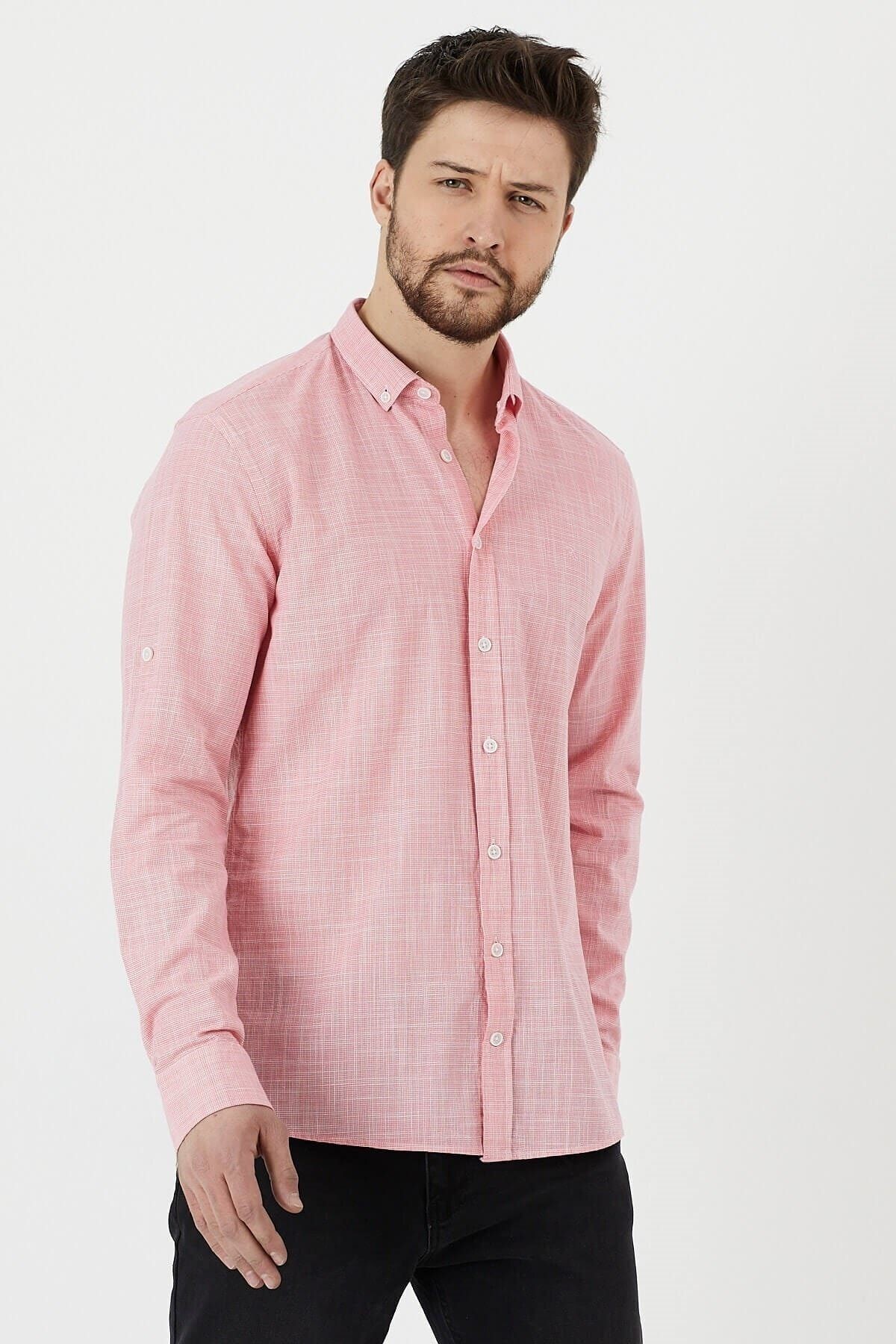Pembe %100 Pamuk Slim Fit Uzun Kol Keten Gömlek