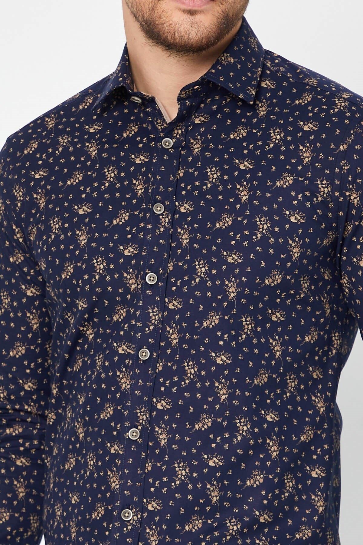 Baskılı Lacivert Slim Fit Uzun Kol Gömlek