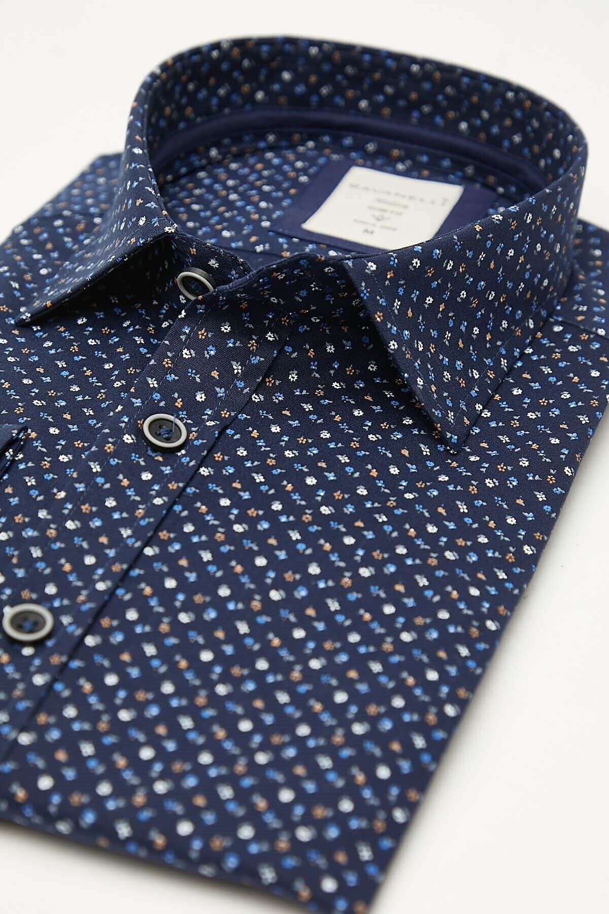Baskılı Lacivert Slim Fit Uzun Kol Gömlek