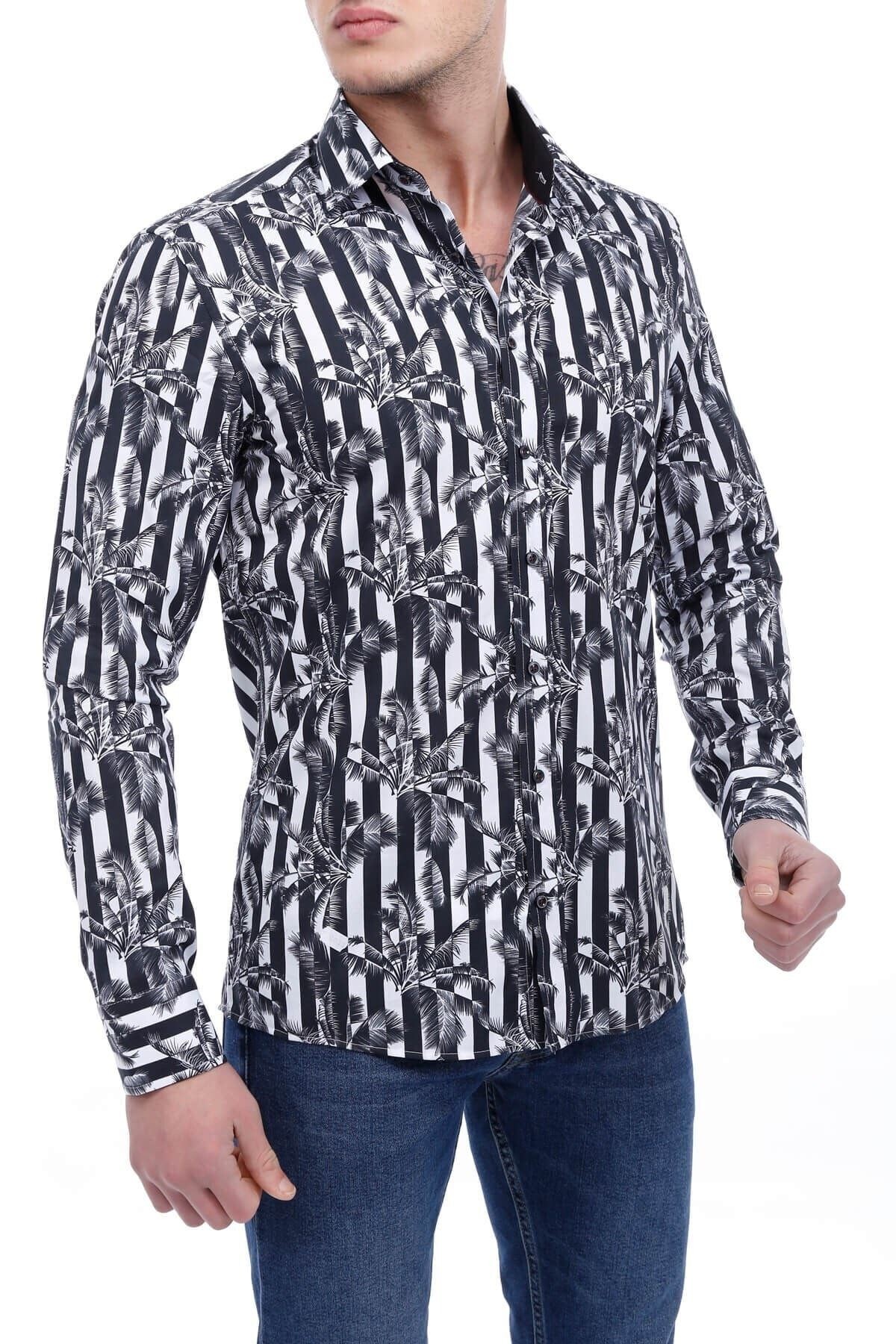 Beyaz Siyah Baskılı Slim Fit Gömlek
