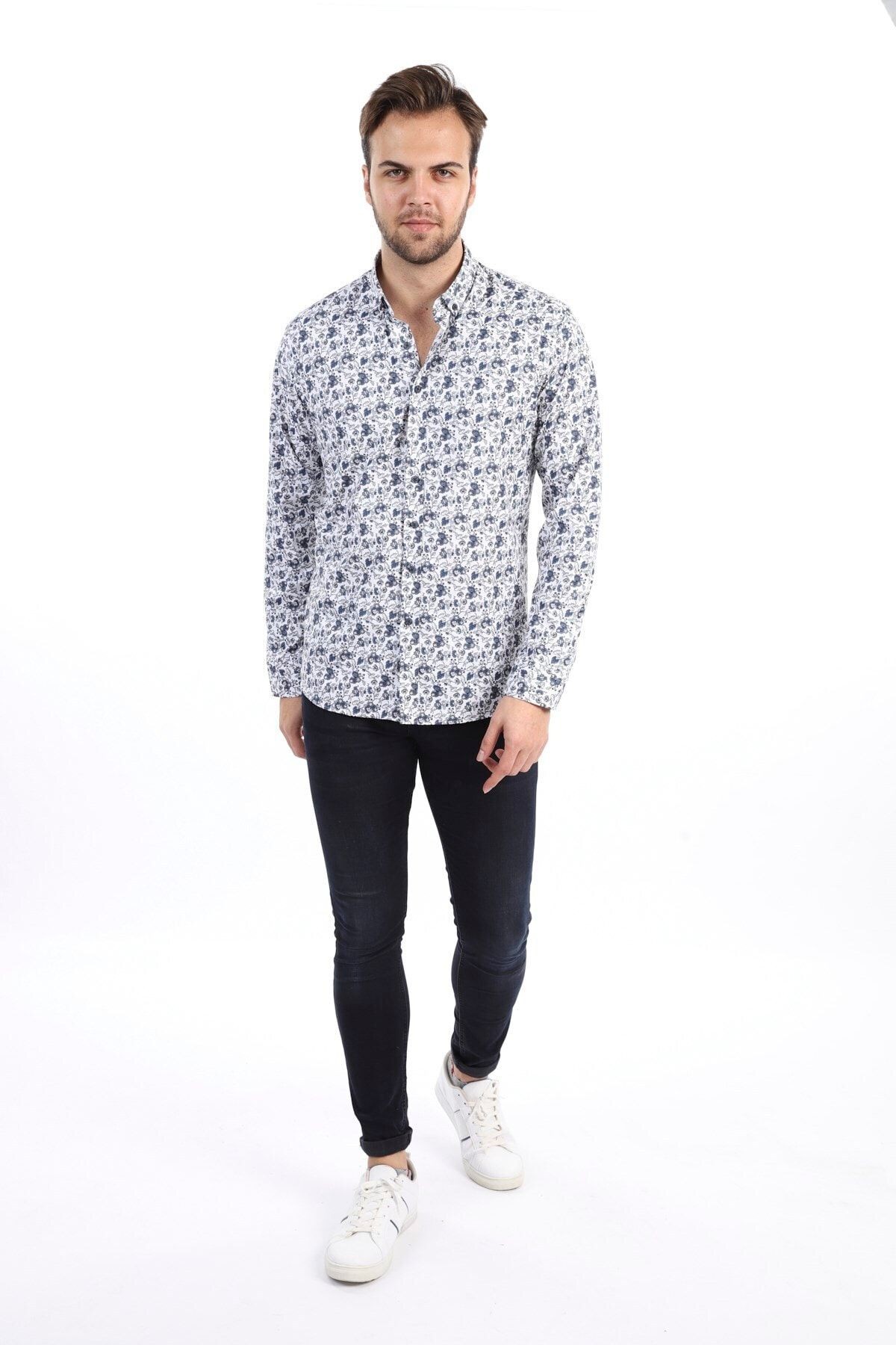 Baskılı Beyaz Slim Fit Likralı Gömlek