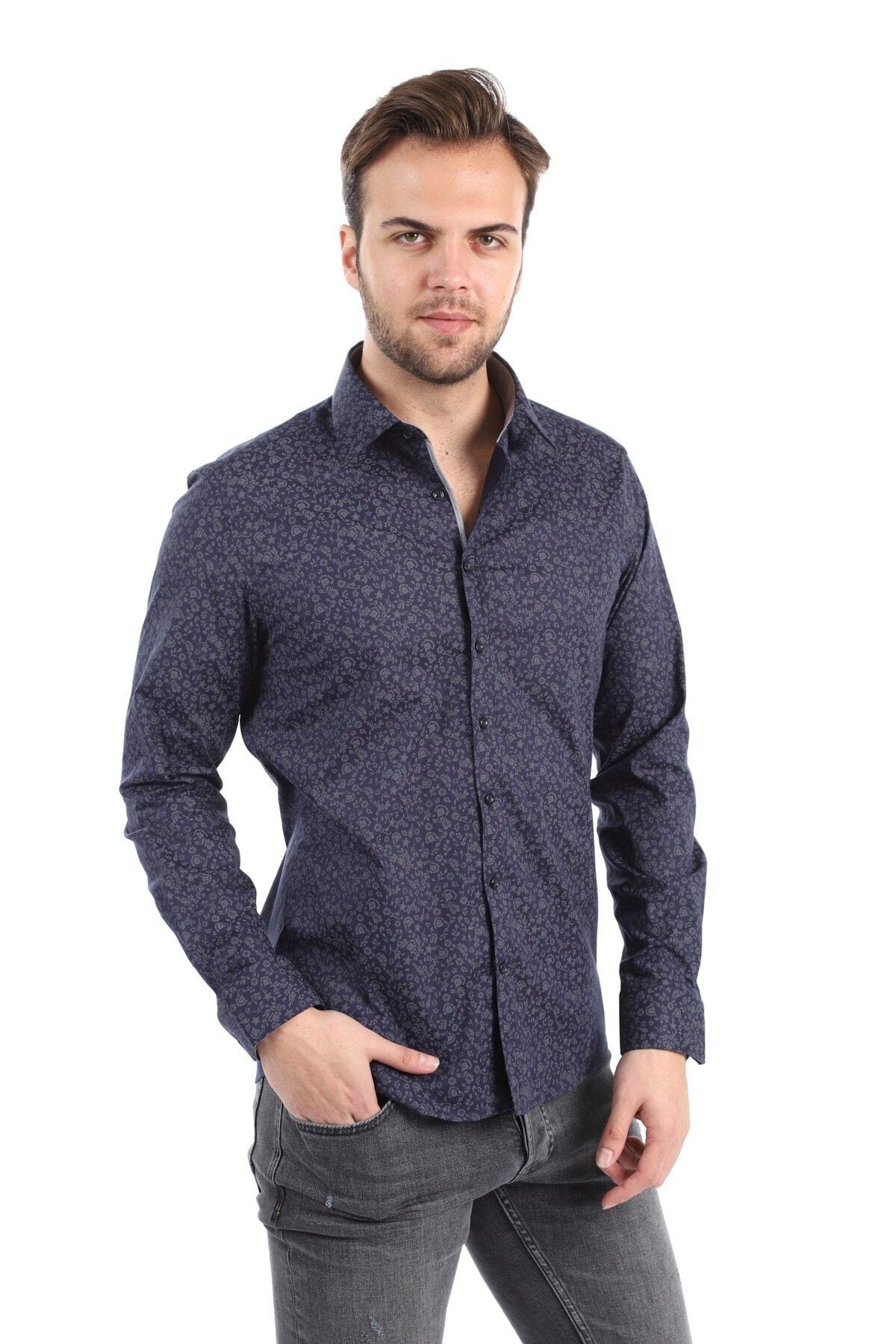 Baskılı Lacivert Slim Fit Gömlek