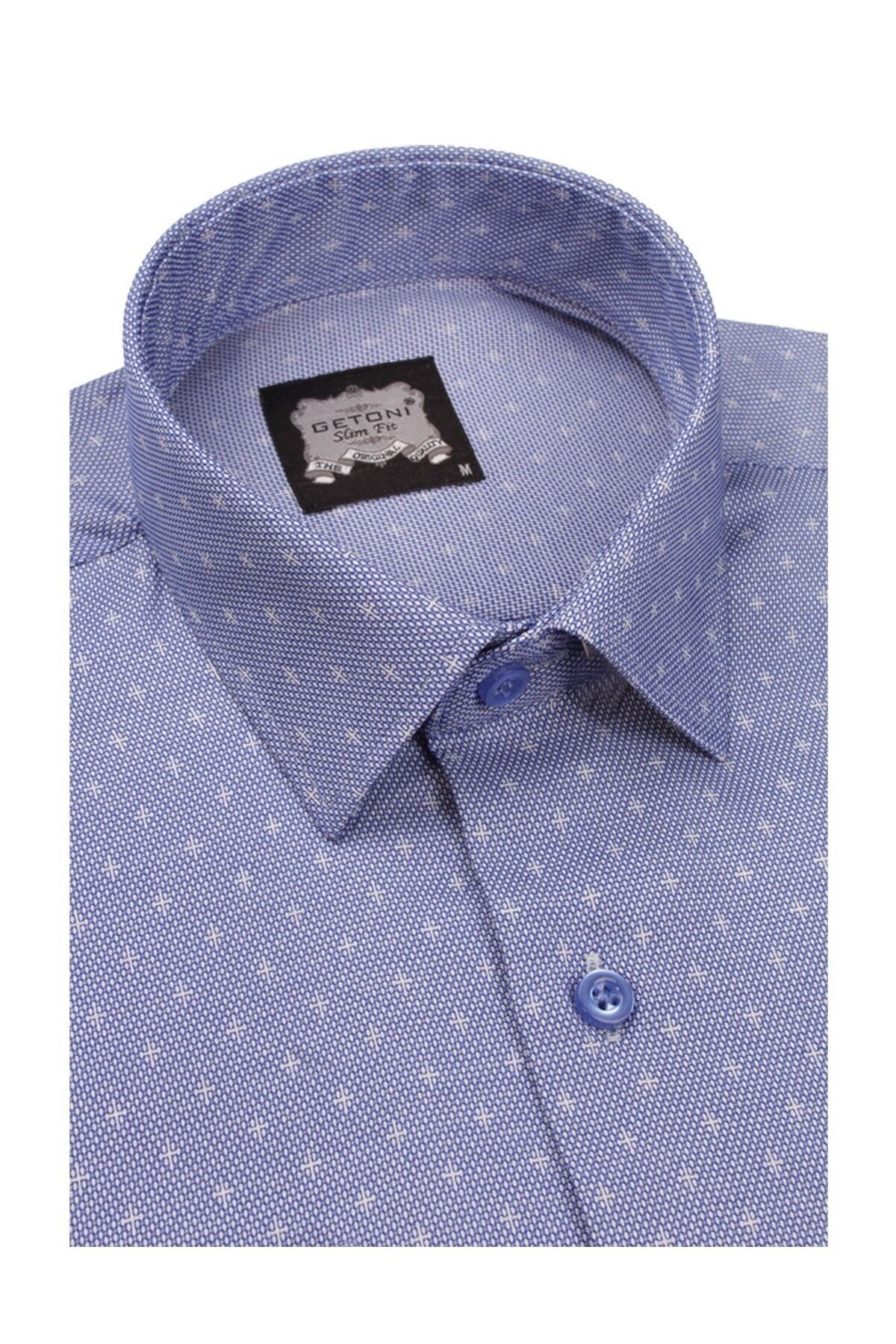Erkek Mavi Slim Fit Armürlü Gömlek