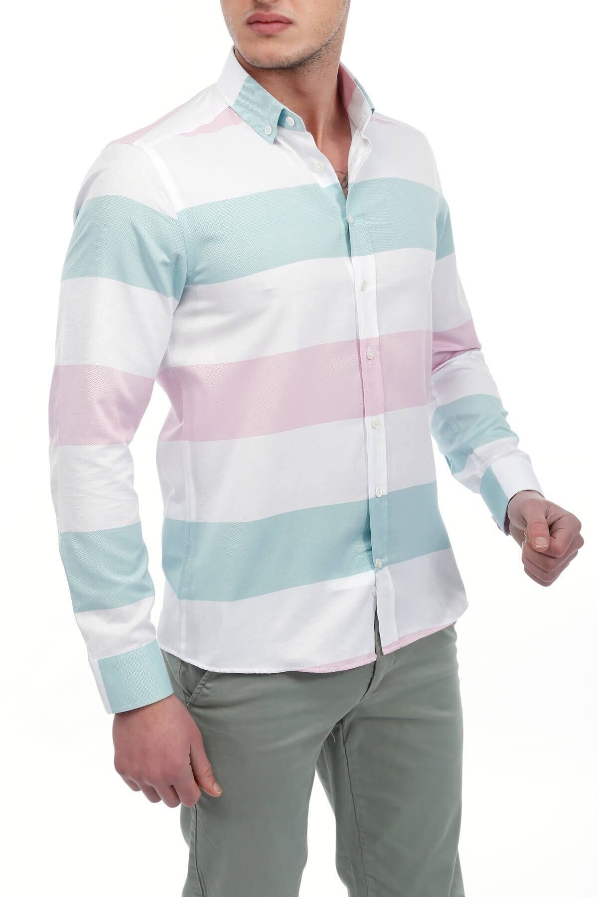 Pembe Beyaz Panolo Slim Fit Gömlek