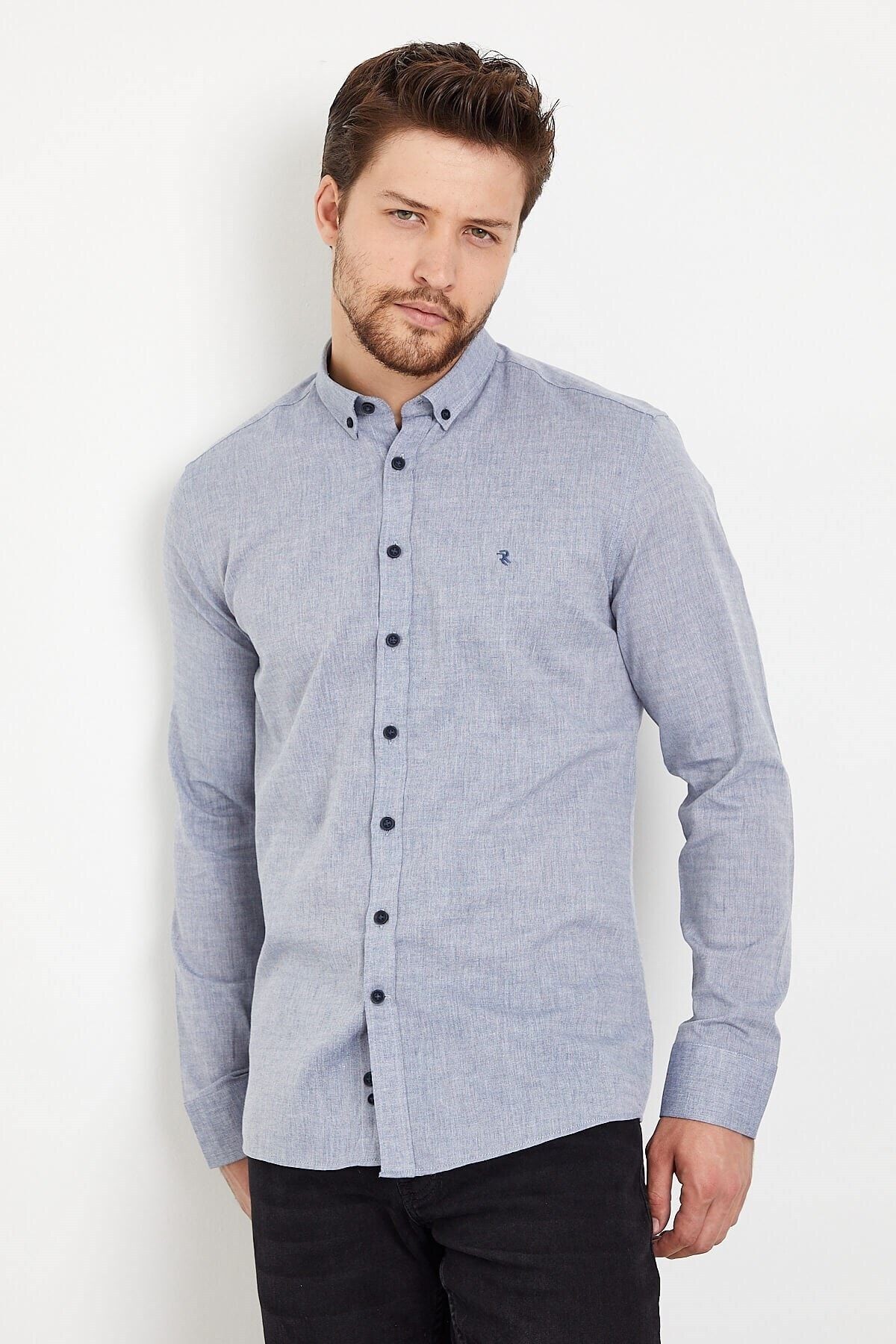 Açık Lacivert Pamuklu Slim Fit Uzun Kol Gömlek