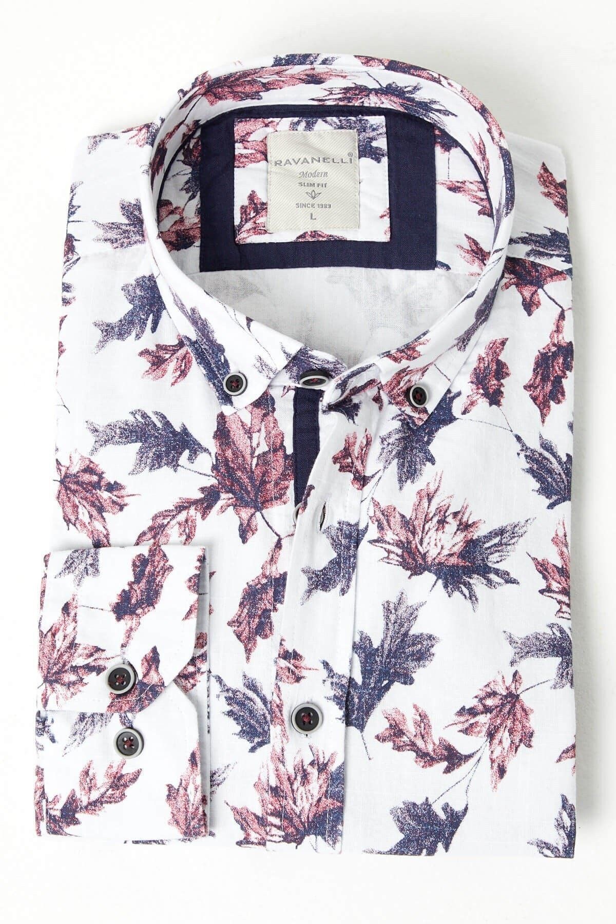 %100 Pamuk Keten Bordo Baskılı Slim Fit Uzun Kol Keten Gömlek