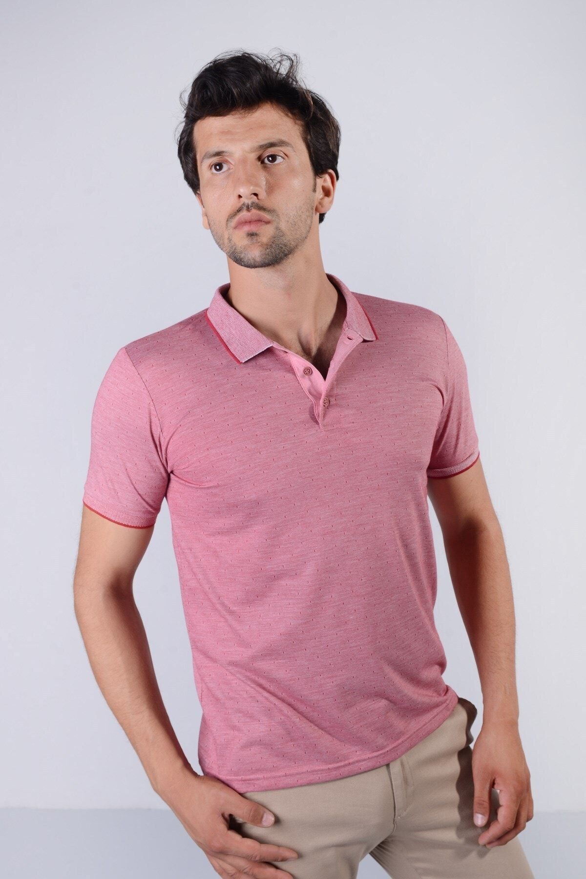 Erkek Pembe Jakarlı Viscon T-Shirt