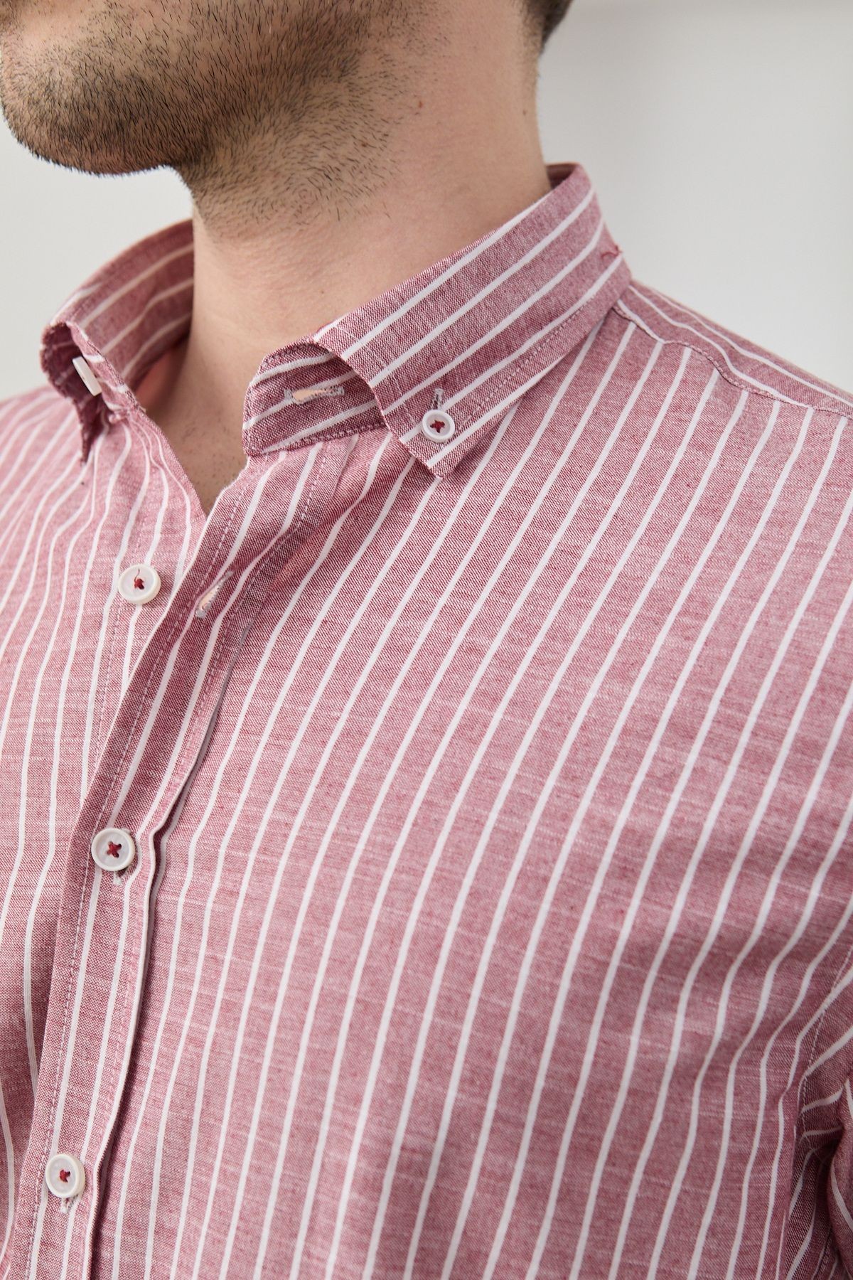 Erkek Çizgili Pamuk Keten Modern Slim Fit Gömlek