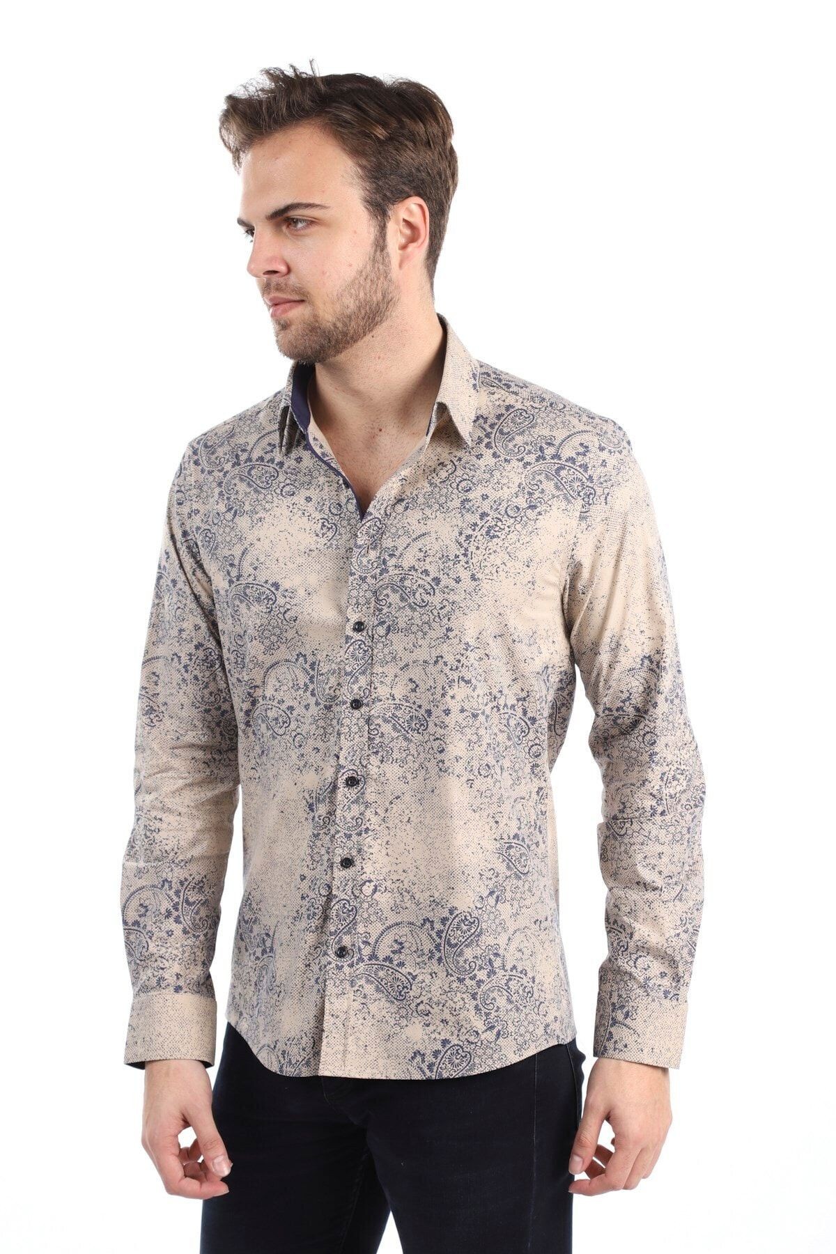 Baskılı Krem Slim Fit Gömlek