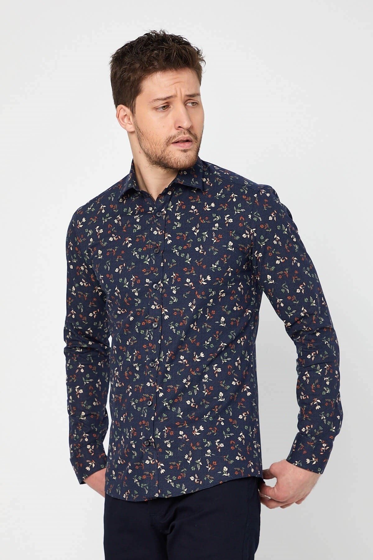 Baskılı Lacivert Slim Fit Uzun Kol Gömlek
