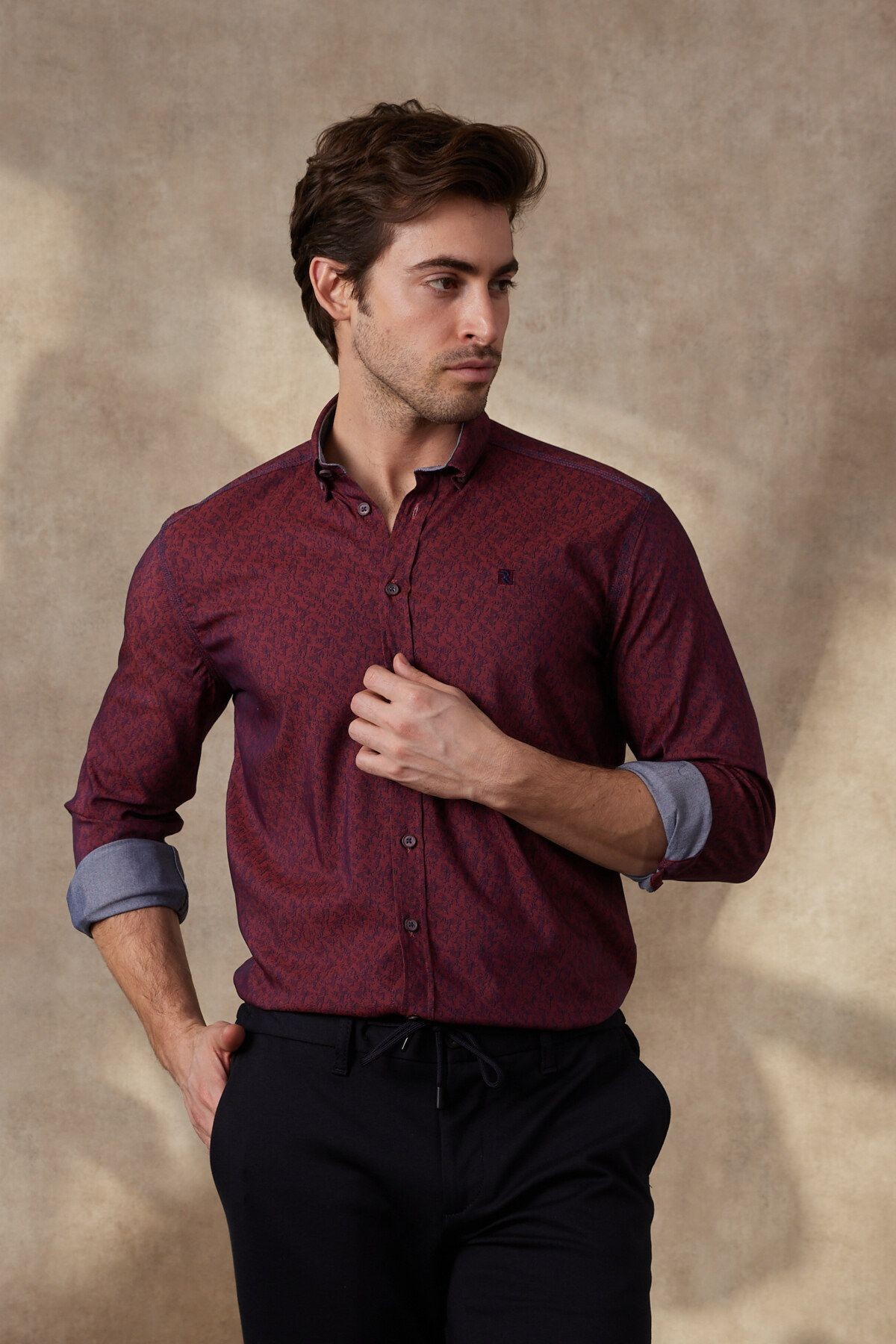 Erkek Baskılı Bordo Modern Slim Fit Uzun Kol Gömlek