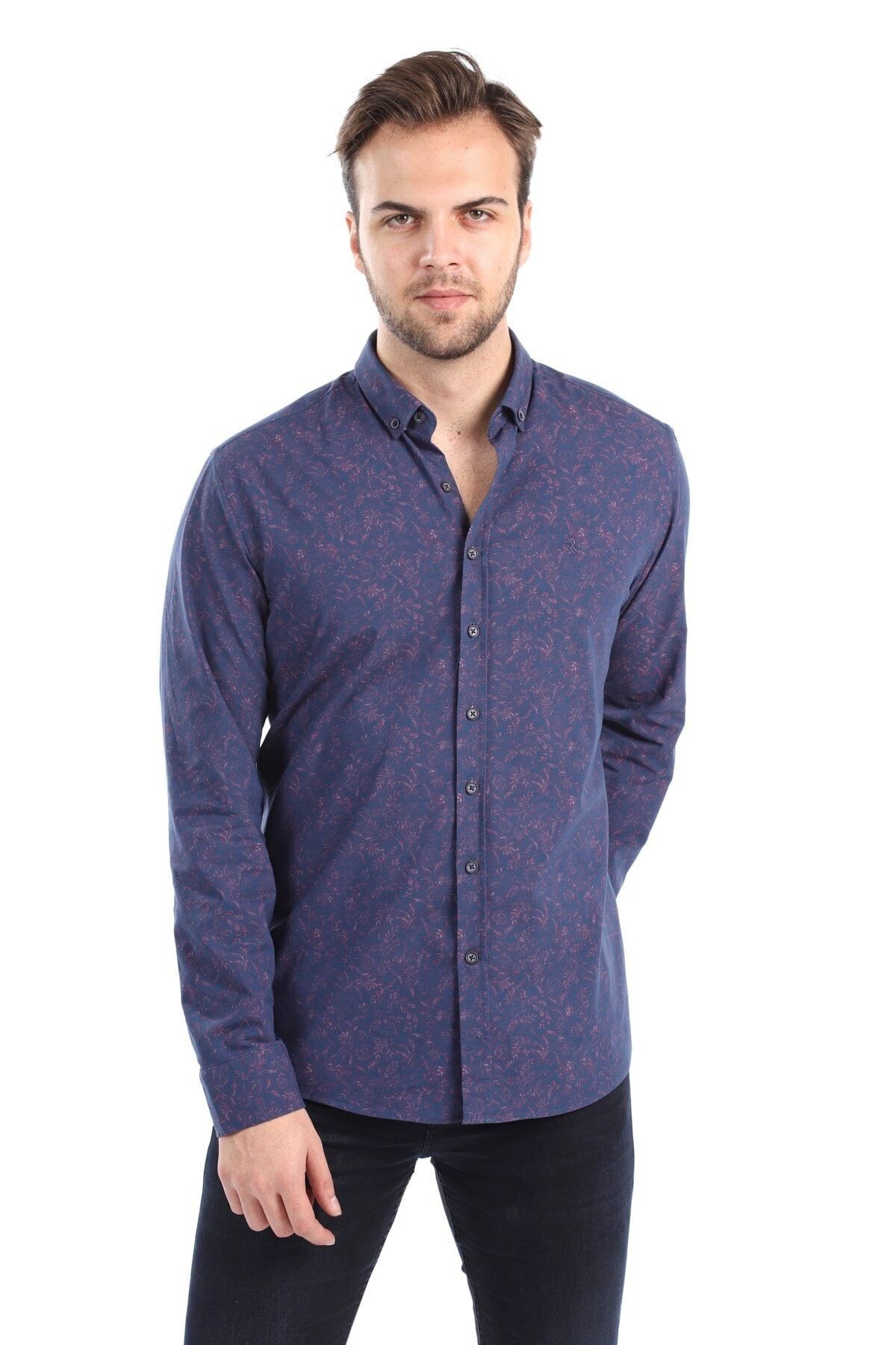 Baskılı Bordo Slim Fit Gömlek