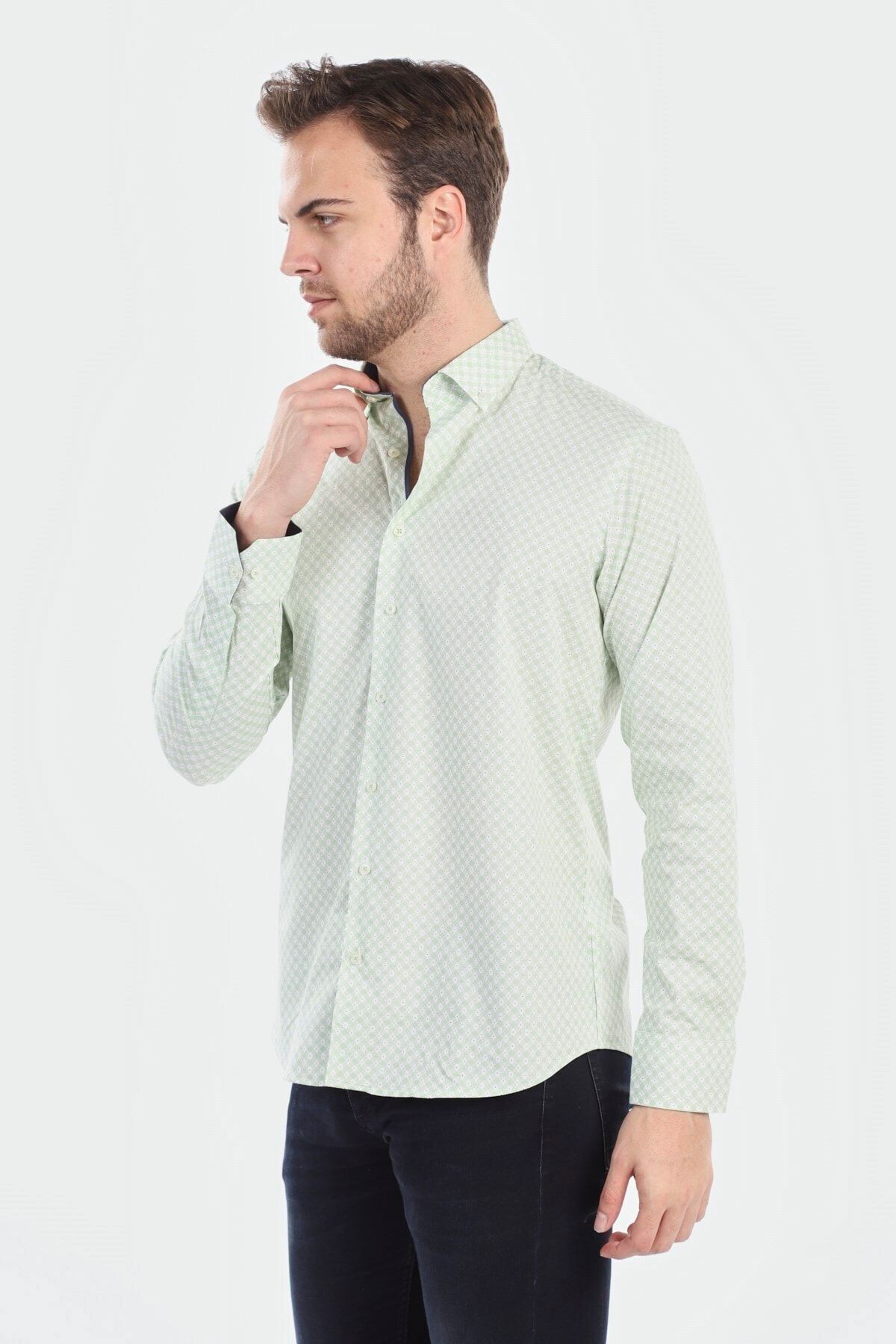 Baskılı Yeşil Slim Fit Gömlek