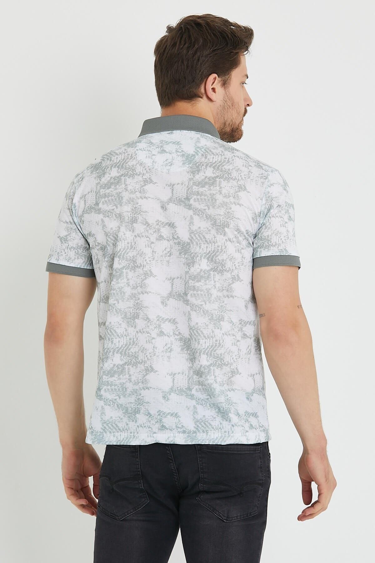 Polo Yaka Düğmeli Baskılı Gri Slim Fit Tişört