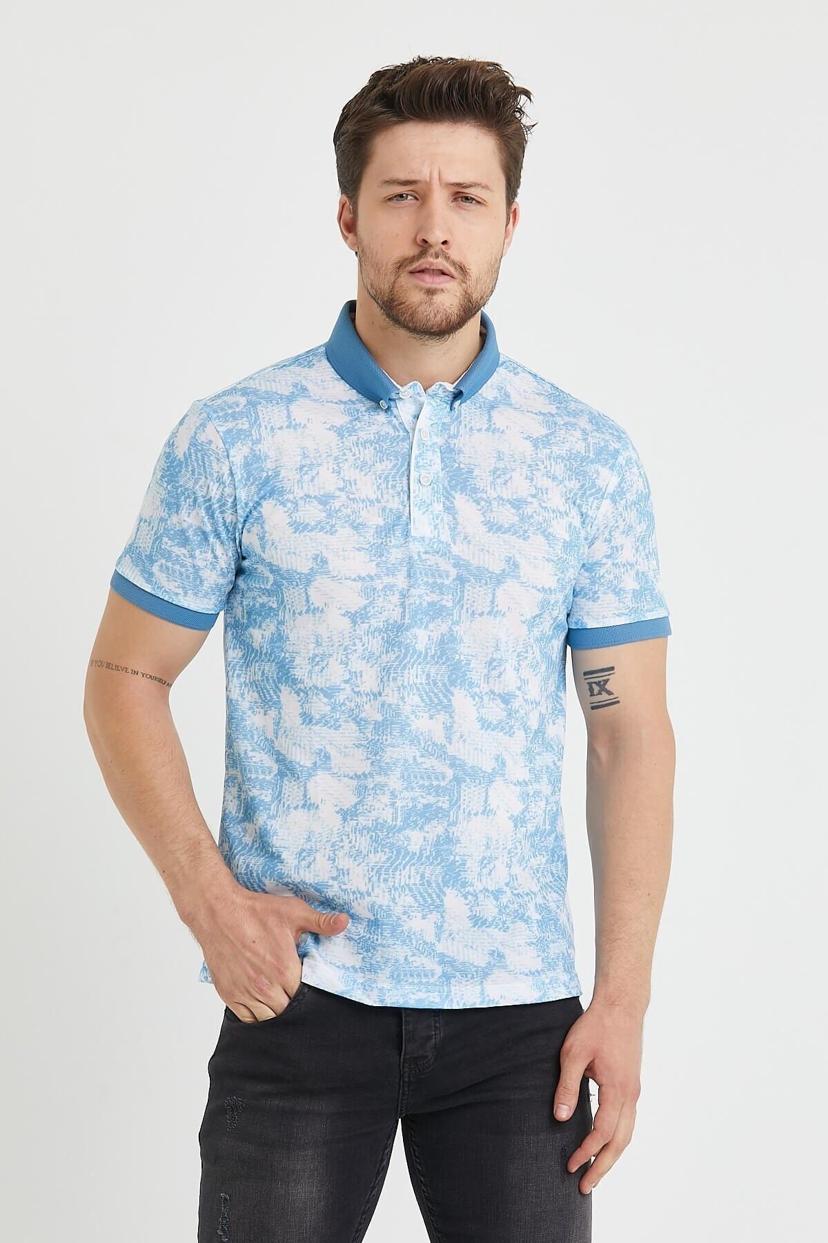 Polo Yaka Düğmeli Baskılı Mavi Slim Fit Tişört