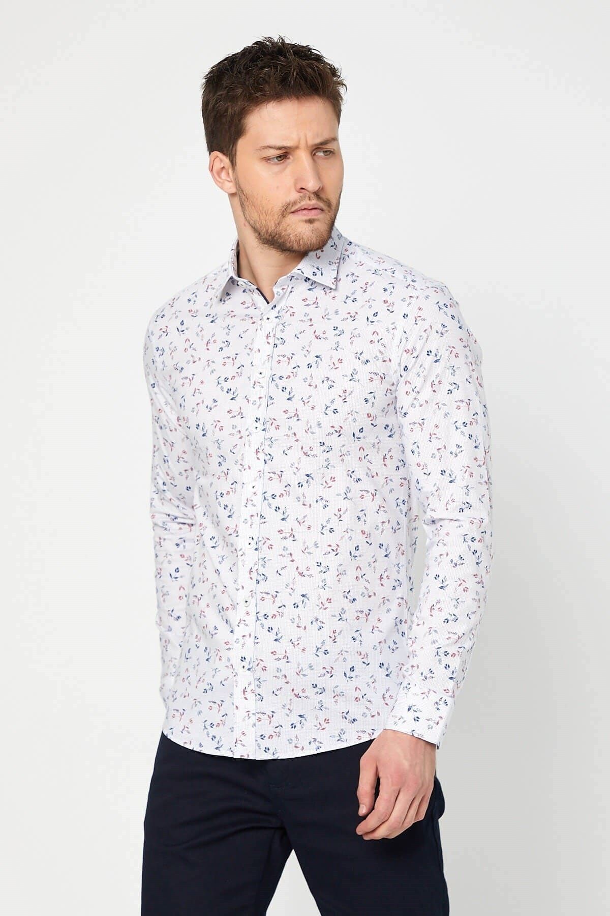 Lacivert Baskılı Beyaz Slim Fit Uzun Kol Gömlek