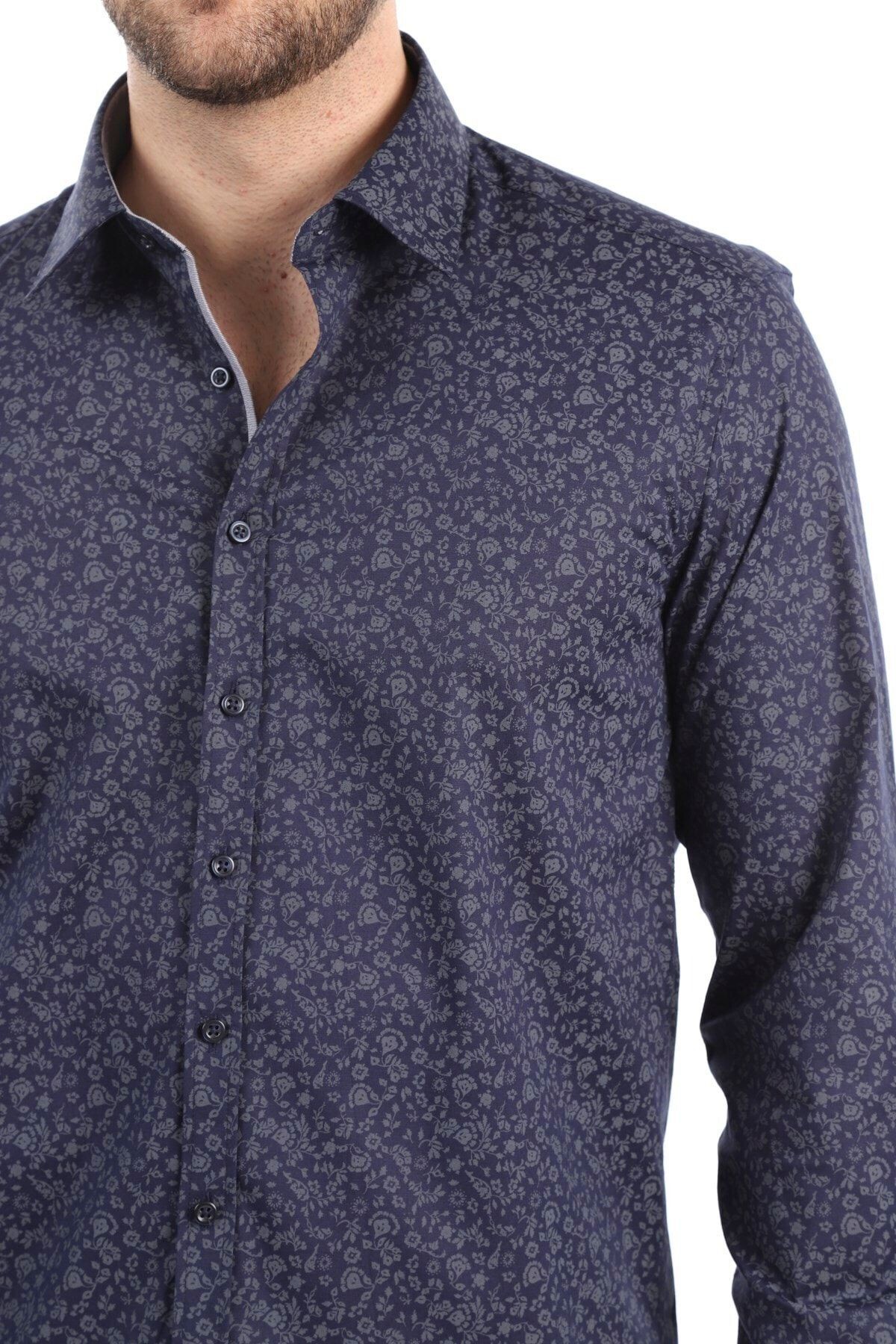 Baskılı Lacivert Slim Fit Gömlek
