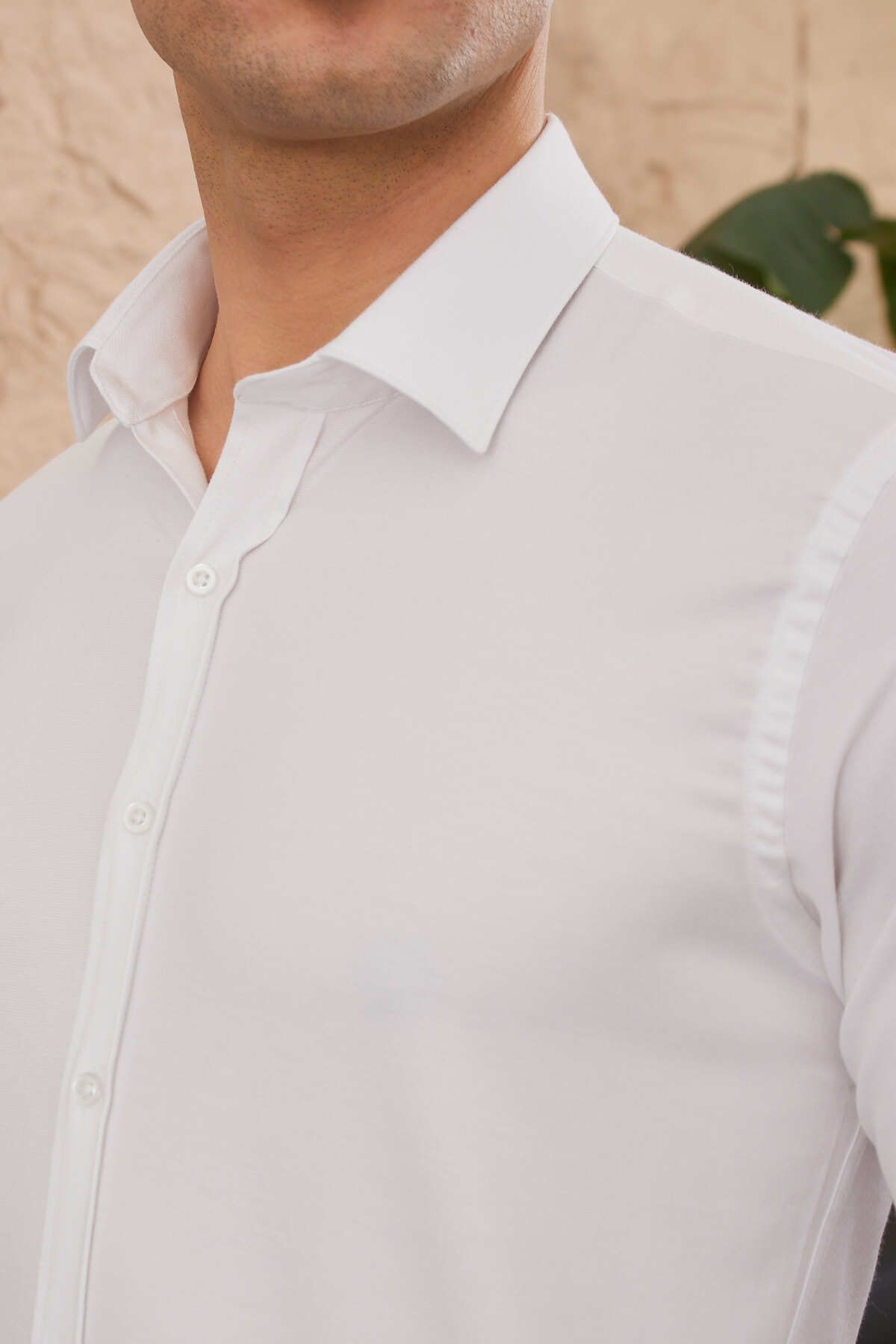 Erkek Beyaz Slim Fit Dar Kesim Pamuklu Oxford Kolay Ütü Klasik Yaka Armürlü Gömlek