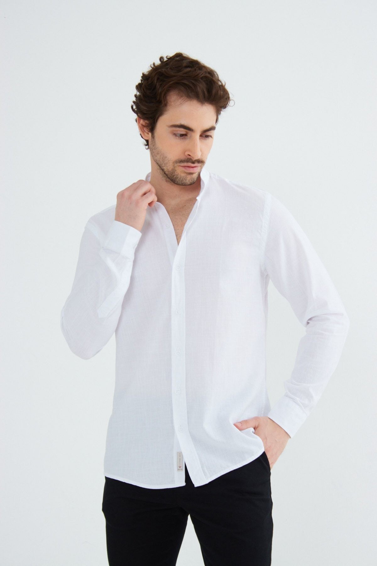 Bej Hakim Yaka Modern Slim Fit Keten Görünümlü Flam Uzun Kol Erkek Gömlek