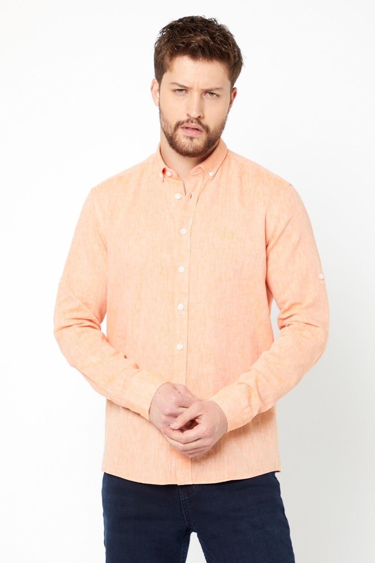 Turuncu Slim Fit Uzun Kol Keten Gömlek