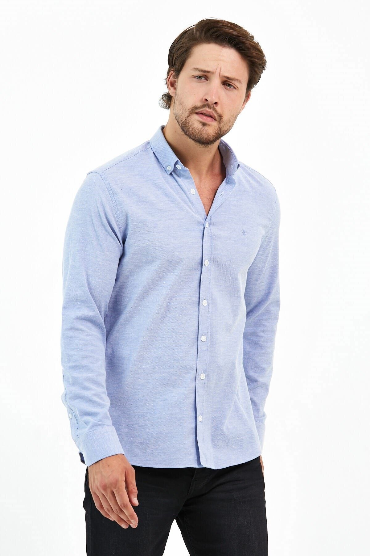 Koyu Mavi Oxford Likra Slim Fit Uzun Kol Gömlek