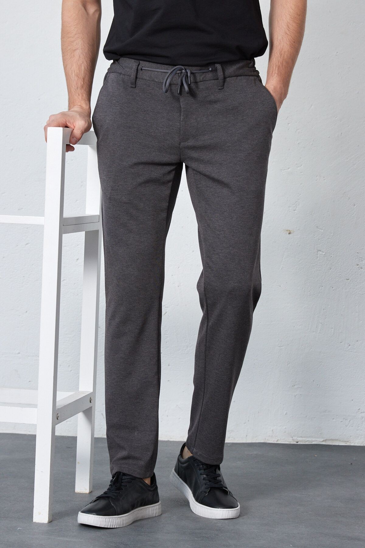 Erkek Gri Beli Lastikli Bağcıklı Örme Likralı Esnek Modern Slim Fit Jogger Pantolon