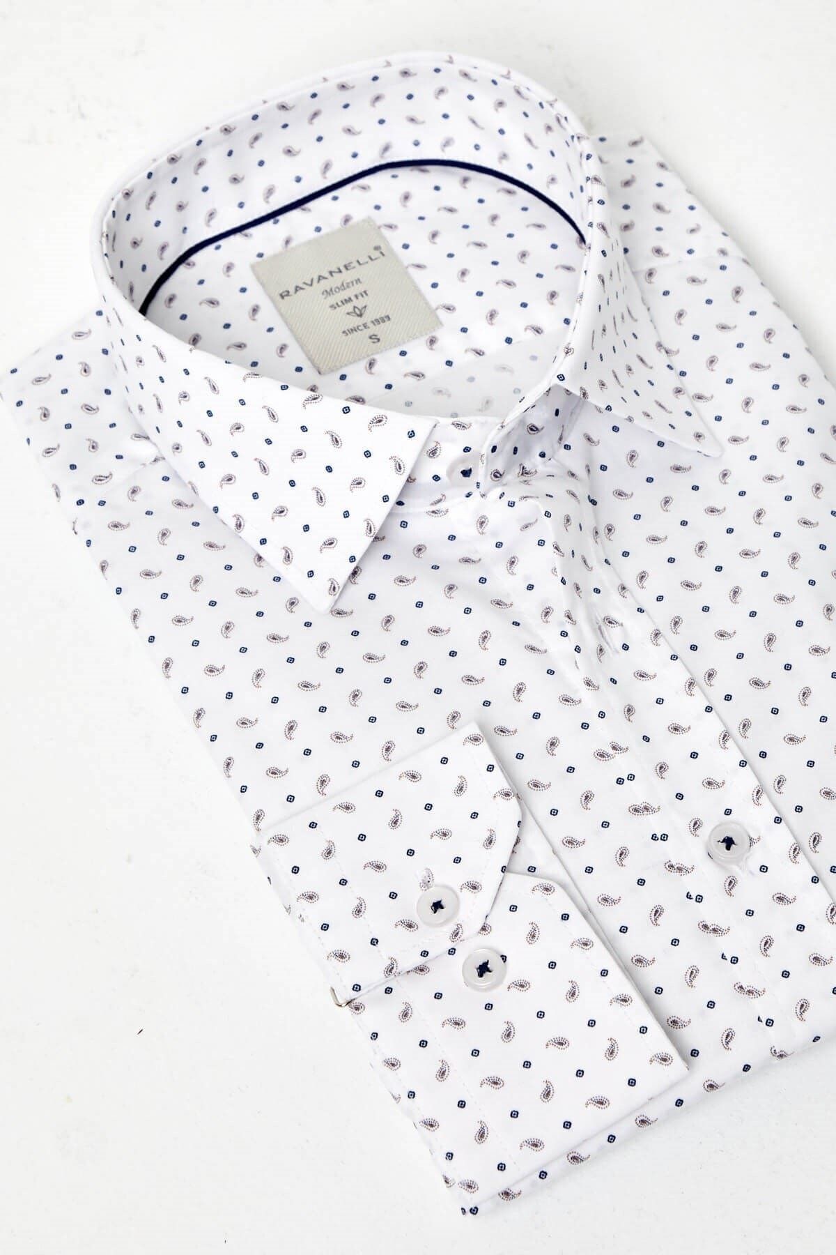 Baskılı Beyaz Slim Fit Uzun Kol Gömlek